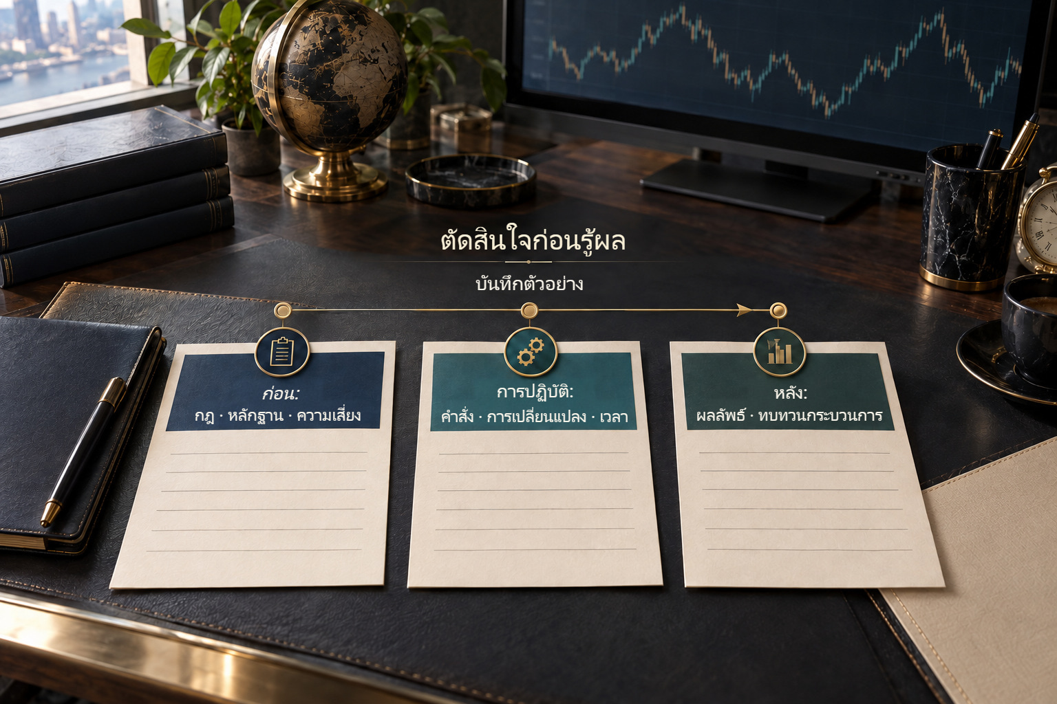 เส้นเวลาการตัดสินใจเพื่อการศึกษา แสดงแผนก่อนส่งคำสั่ง การปฏิบัติ และผลลัพธ์หลังปิดสถานะ พร้อมสมุดจดและแพลตฟอร์มเทรด