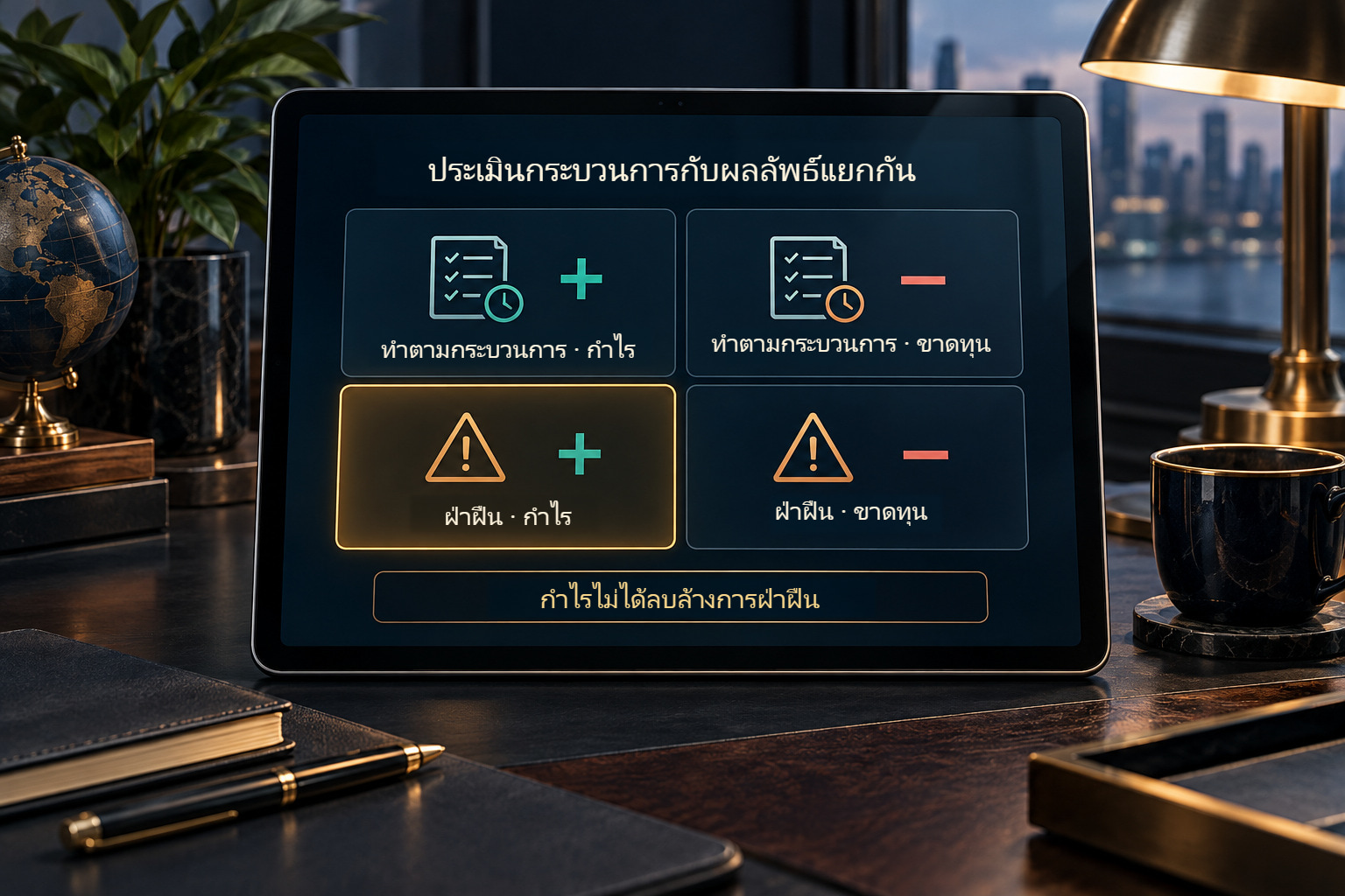 สี่กรณีของการทำตามกระบวนการกับผลลัพธ์: ทำตามหรือฝ่าฝืนกระบวนการ ได้กำไรหรือขาดทุน กำไรไม่ได้ลบล้างการฝ่าฝืน