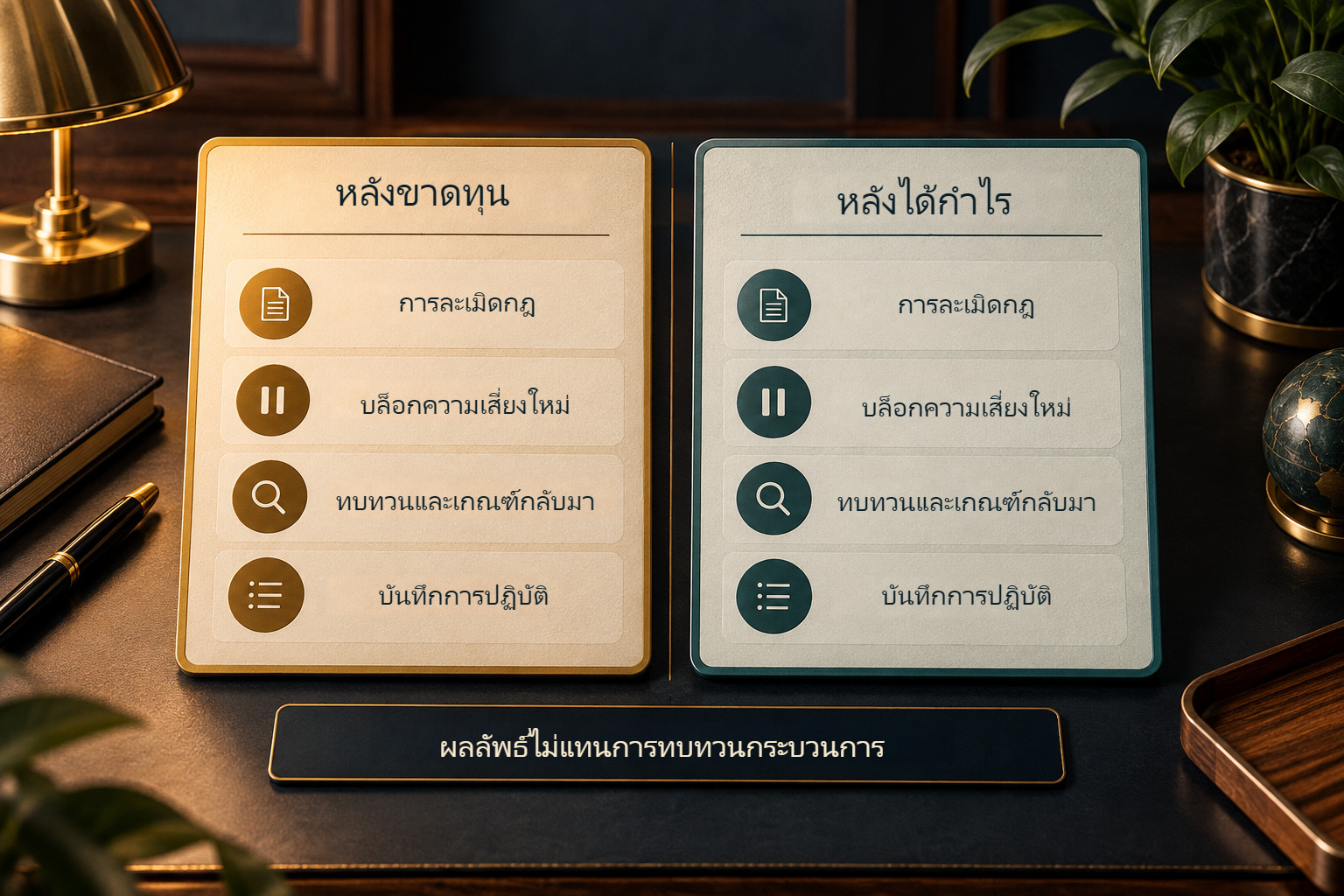 การ์ดสองใบเคียงกัน หลังขาดทุนและหลังได้กำไร: การละเมิดกฎ บล็อกความเสี่ยงใหม่ การทบทวนและเกณฑ์กลับมา และบันทึกการปฏิบัติ