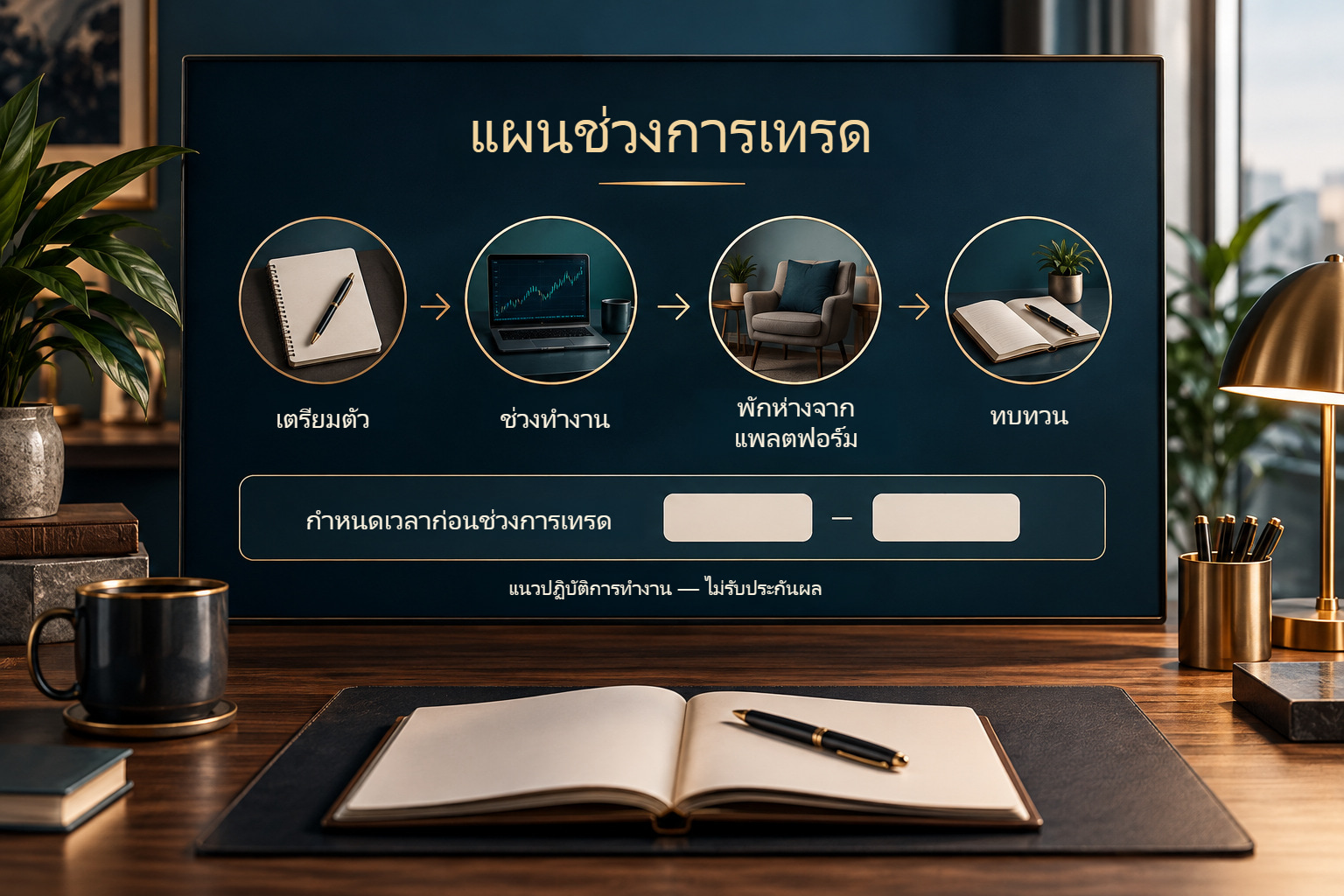 แผนช่วงการเทรดบนโต๊ะ: เตรียมตัว ทำงาน พักห่างจากแพลตฟอร์ม และทบทวน พร้อมช่องว่างระบุเวลา