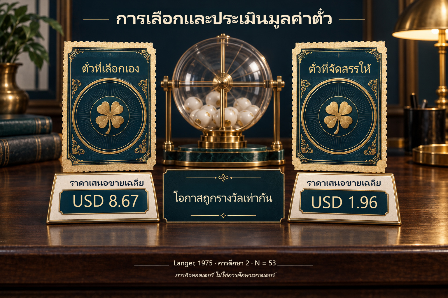 ตั๋วที่เลือกเองกับตั๋วที่จัดสรรให้ ราคาเสนอขายต่อเฉลี่ยใน Langer (1975) การศึกษาที่ 2: USD 8.67 และ USD 1.96 ความน่าจะเป็นถูกรางวัลเท่ากัน