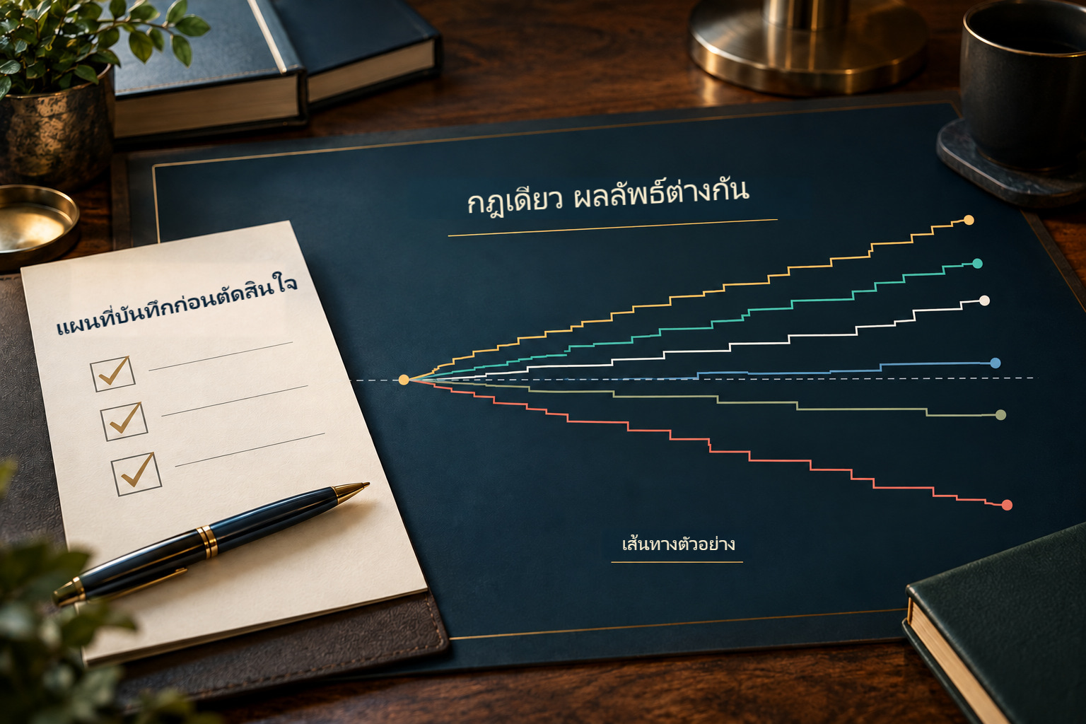 แผนที่บันทึกก่อนตัดสินใจและเส้นทางผลลัพธ์สมมติที่แยกออกจากกัน แผนเดียวกันไม่ได้รับประกันผลลัพธ์รายครั้ง