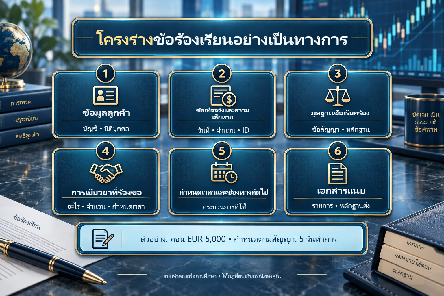 ข้อร้องเรียนทางการหกส่วน พร้อมแบบจำลองถอน EUR 5,000 และกำหนดตามสัญญาห้าวันทำการ