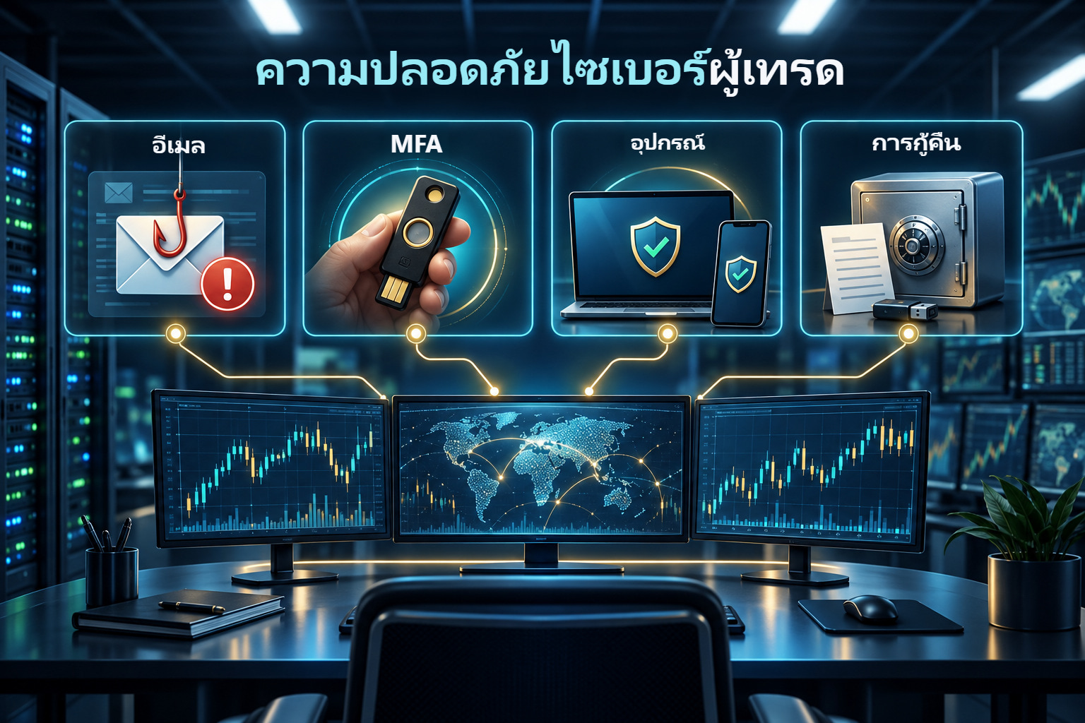 ชั้นความปลอดภัยไซเบอร์ของผู้เทรด: อีเมล การยืนยันหลายปัจจัย อุปกรณ์ และการกู้คืนบัญชี