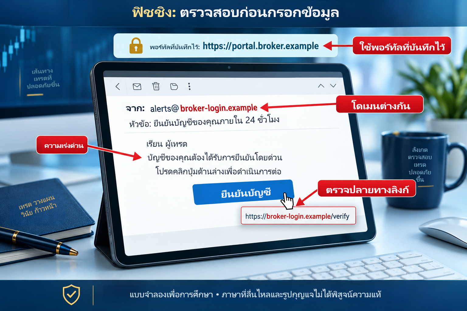 อีเมลฟิชชิงตัวอย่าง: ความเร่งด่วน โดเมนต่างจากพอร์ทัลที่บันทึก และการตรวจปลายทางลิงก์