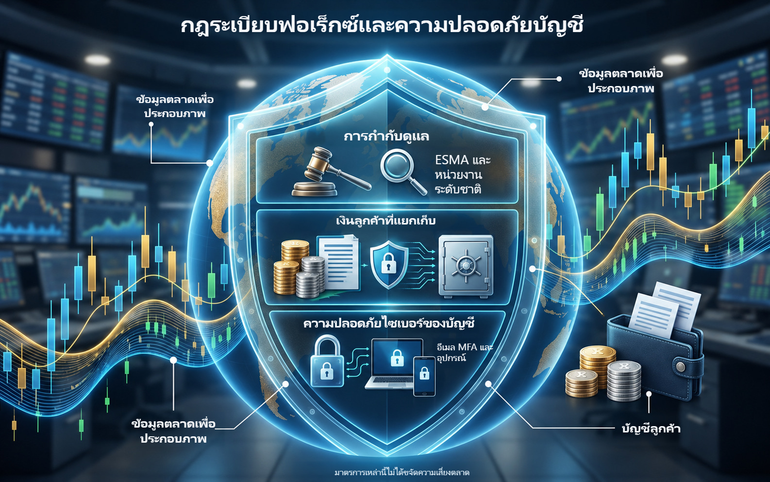 การกำกับดูแล เงินที่แยกเก็บ และความปลอดภัยไซเบอร์ของผู้เทรด แสดงเป็นชั้นแยกกันรอบโต๊ะเทรด