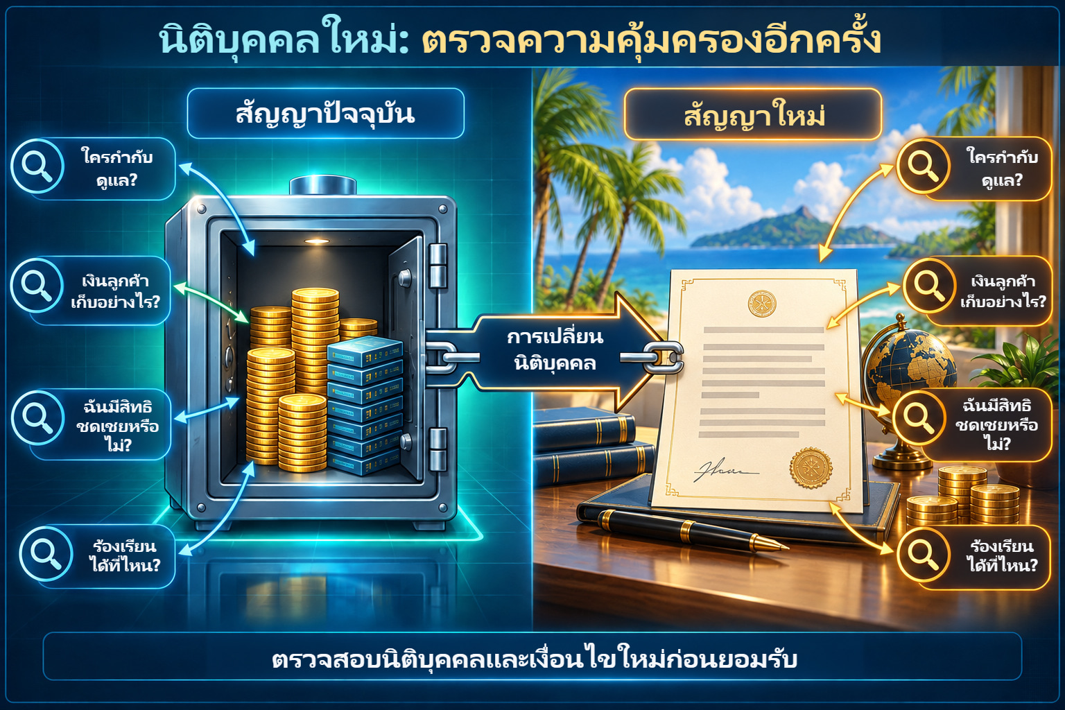 เปรียบเทียบสัญญาปัจจุบันกับสัญญาใหม่เมื่อย้ายบัญชีไปนิติบุคคลอื่น