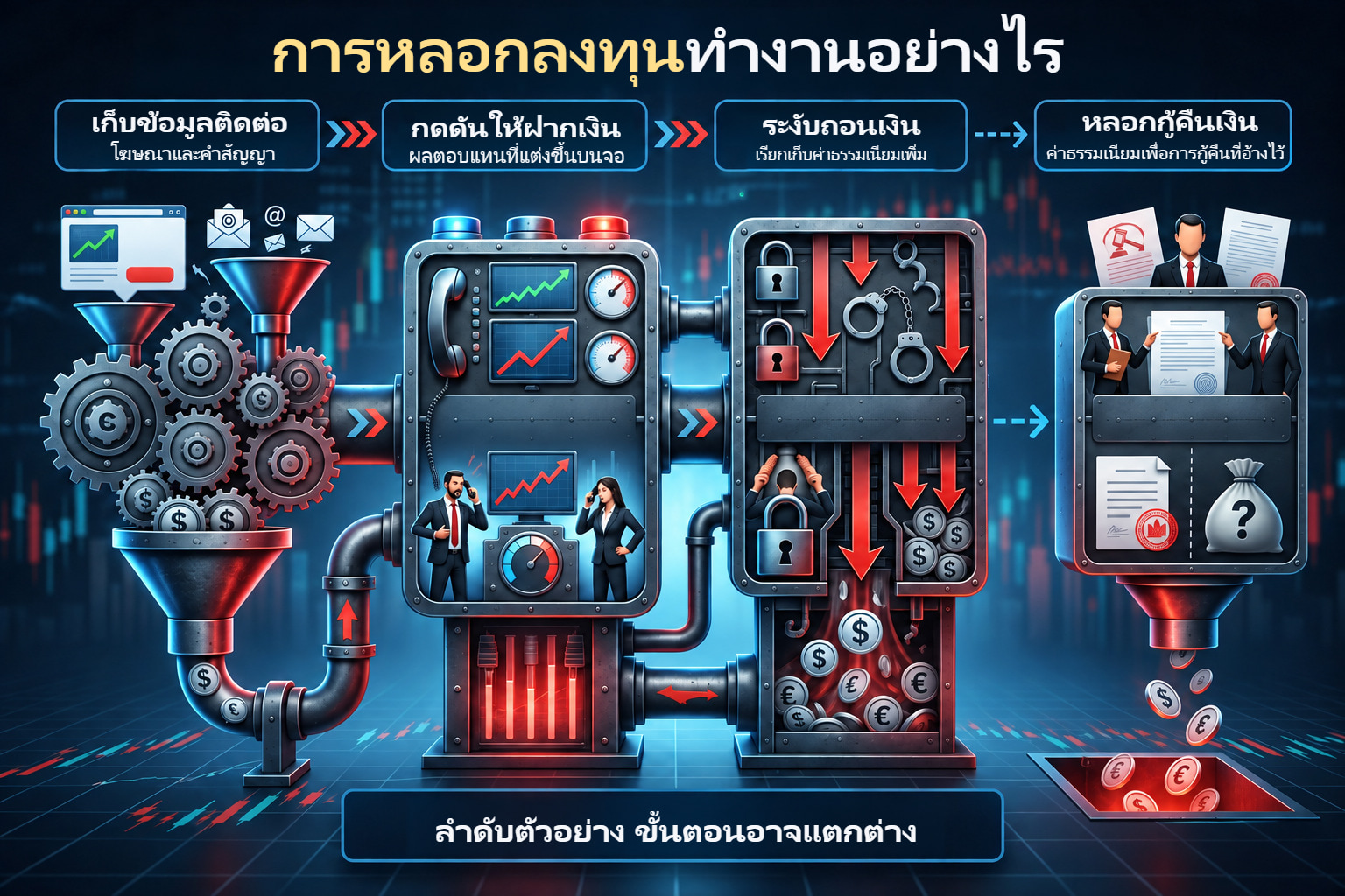 กลไกหลอกลวงตัวอย่าง ตั้งแต่เก็บข้อมูลติดต่อและกดดันฝากเงิน จนถึงระงับถอน