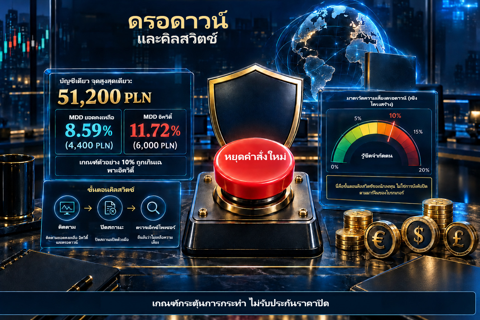 ดรอดาวน์: MDD ยอดคงเหลือ 8.59% และ MDD อิควิตี้ 11.72% จากจุดสูงสุด PLN 51,200