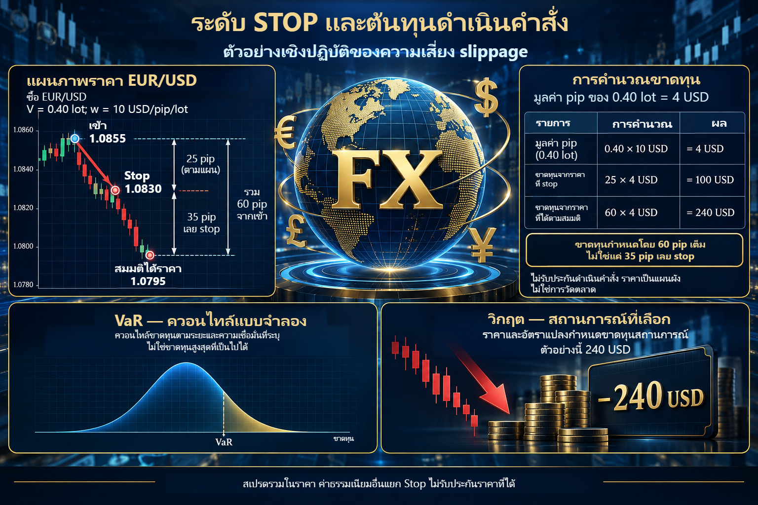 ตัวอย่างซื้อ EUR/USD: เข้า 1.0855, stop 1.0830, สมมติดำเนินคำสั่ง 1.0795 แผน 25 pip ให้ USD 100 ระยะเต็ม 60 pip ให้ USD 240 ก่อนค่าธรรมเนียม