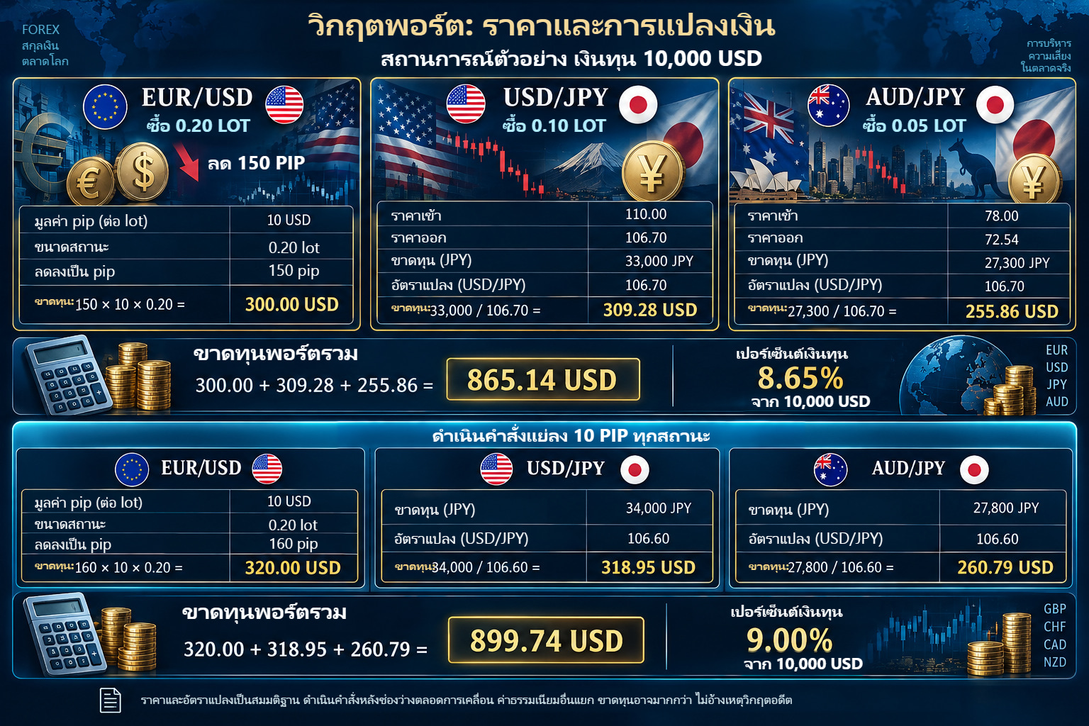 วิกฤตสมมติกับสามสถานะซื้อ: EUR/USD USD 300, USD/JPY USD 309.28, AUD/JPY USD 255.86 รวม USD 865.14 หากแต่ละสถานะได้ราคาแย่ลง 10 pip เป็น USD 899.74
