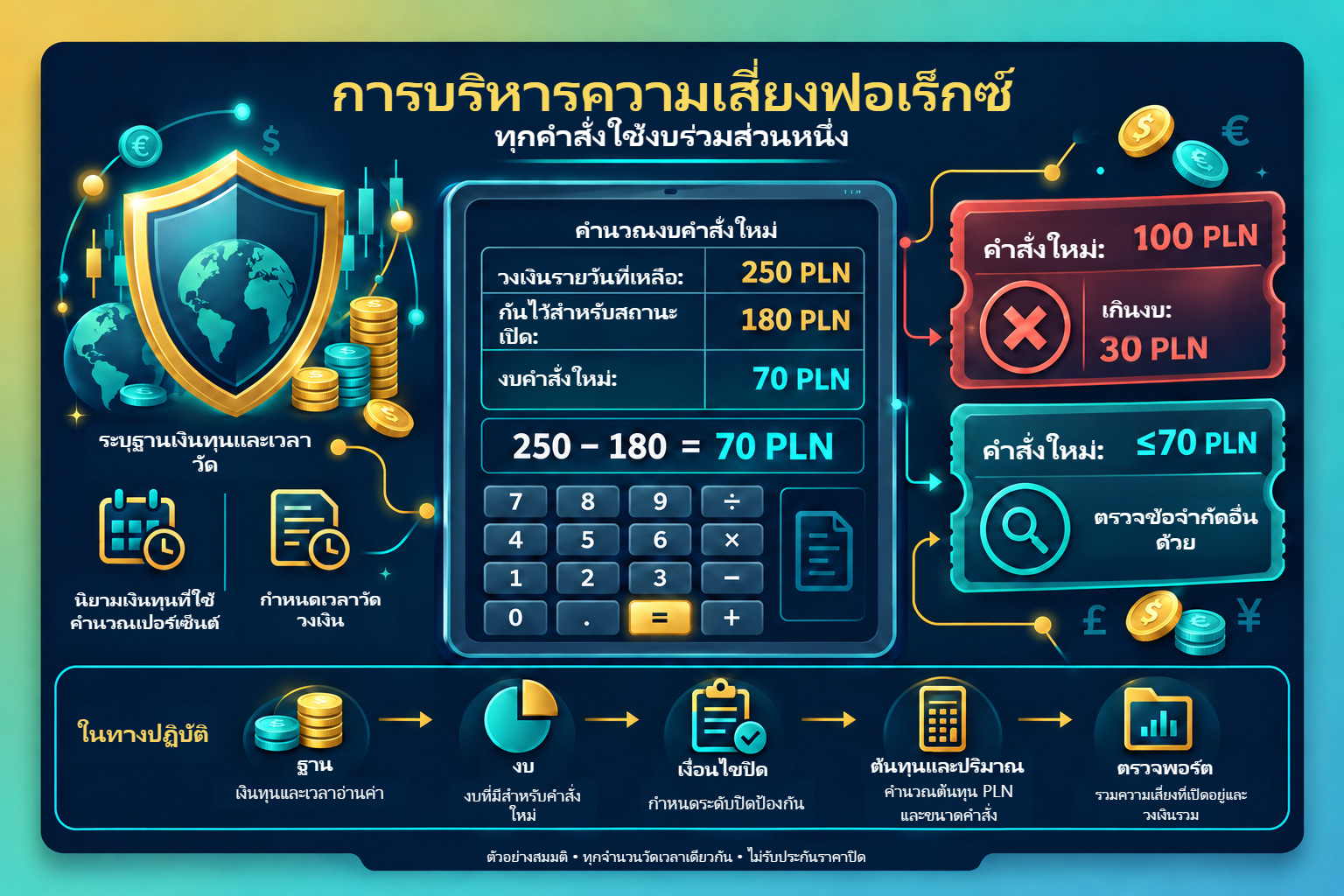 ภาพงบร่วม: วงเงินรายวันที่เหลือ PLN 250 หัก PLN 180 ที่กันไว้สำหรับสถานะเปิด เหลือ PLN 70 สำหรับคำสั่งใหม่ คำสั่งที่มีผลขาดทุนตามสถานการณ์ PLN 100 เกินงบนี้ PLN 30