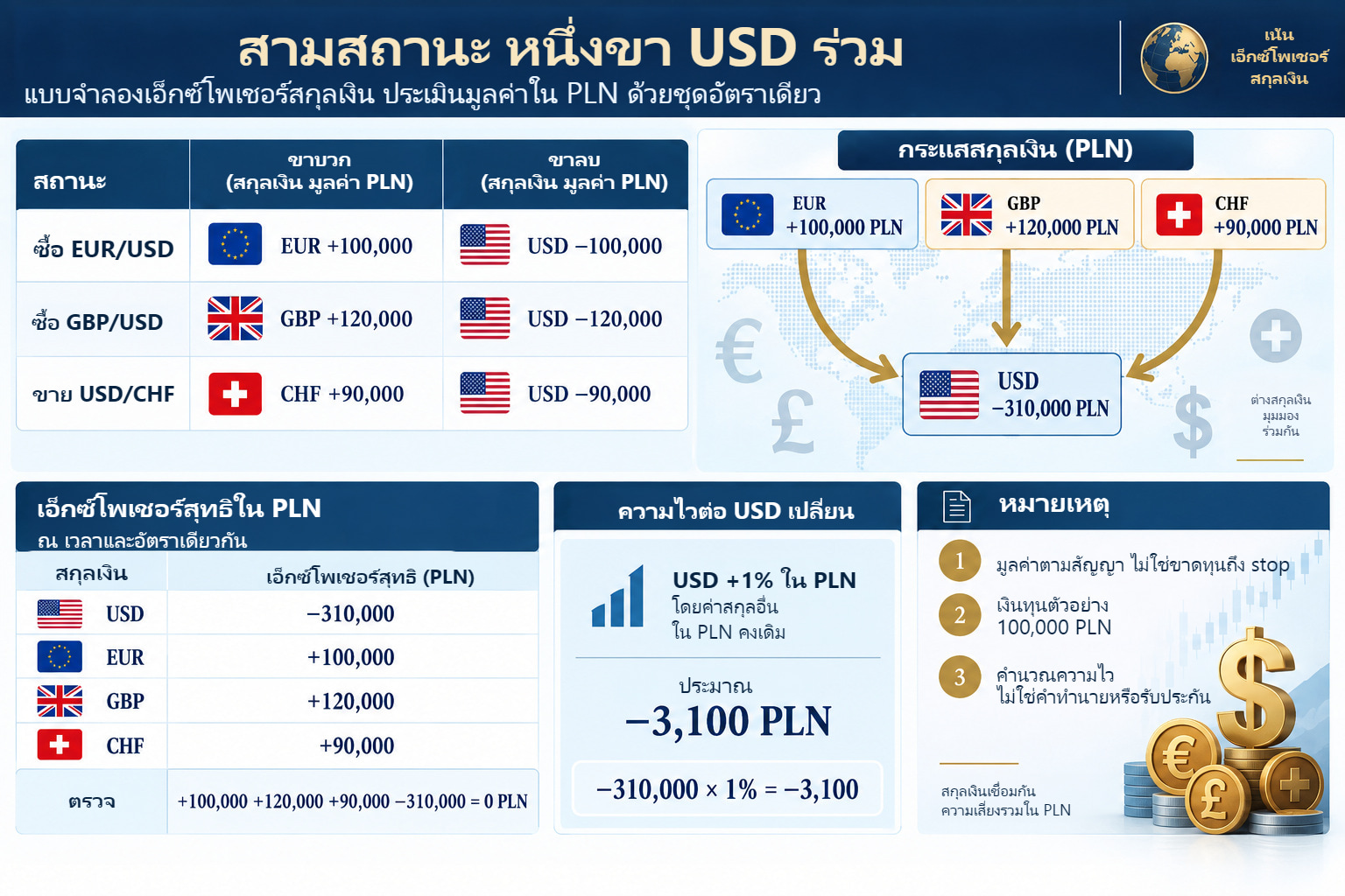 แผ่นแบบจำลองสามสถานะ EUR +100,000 PLN, GBP +120,000 PLN, CHF +90,000 PLN และ USD −310,000 PLN มูลค่าตามสัญญาพร้อมเครื่องหมายและสถานการณ์ USD แข็ง 1% ใน PLN