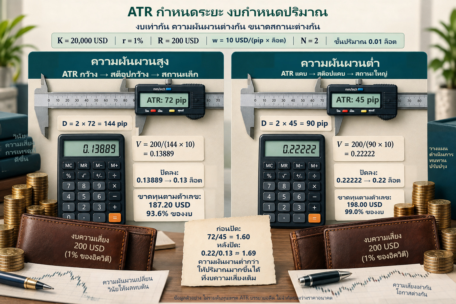 สองตัวอย่าง ATR งบ USD 200: ATR 72 และ 45 pip ให้ D 144 และ 90 pip ปริมาณ 0.13 และ 0.22 ล็อต ขาดทุน USD 187.20 และ 198.00