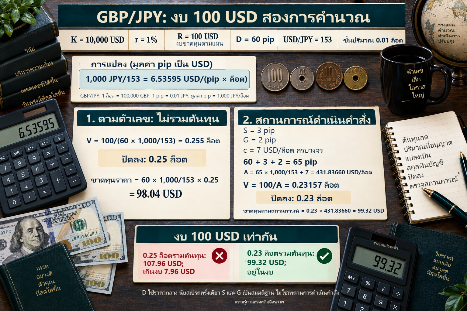 GBP/JPY ในบัญชี USD: ปริมาณตามตัวเลข 0.25 ล็อตขาดทุน USD 107.96 หลังต้นทุน ปริมาณสุทธิ 0.23 ล็อตขาดทุน USD 99.32 เทียบงบ USD 100