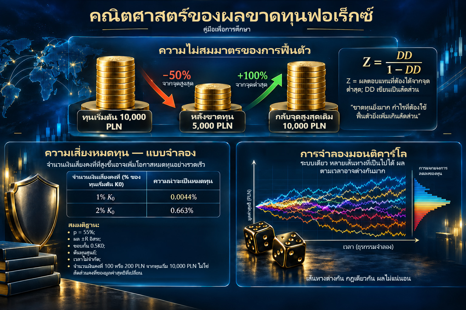 สามประเด็นคณิตศาสตร์การขาดทุน: เงินทุน PLN 10,000–5,000–10,000 กับฐานเปอร์เซ็นต์ต่างกัน การเปรียบเทียบความเสี่ยงหมดทุนในแบบจำลองจำนวนคงที่ และแผนภาพสุ่มผลแบบมอนติคาร์โล