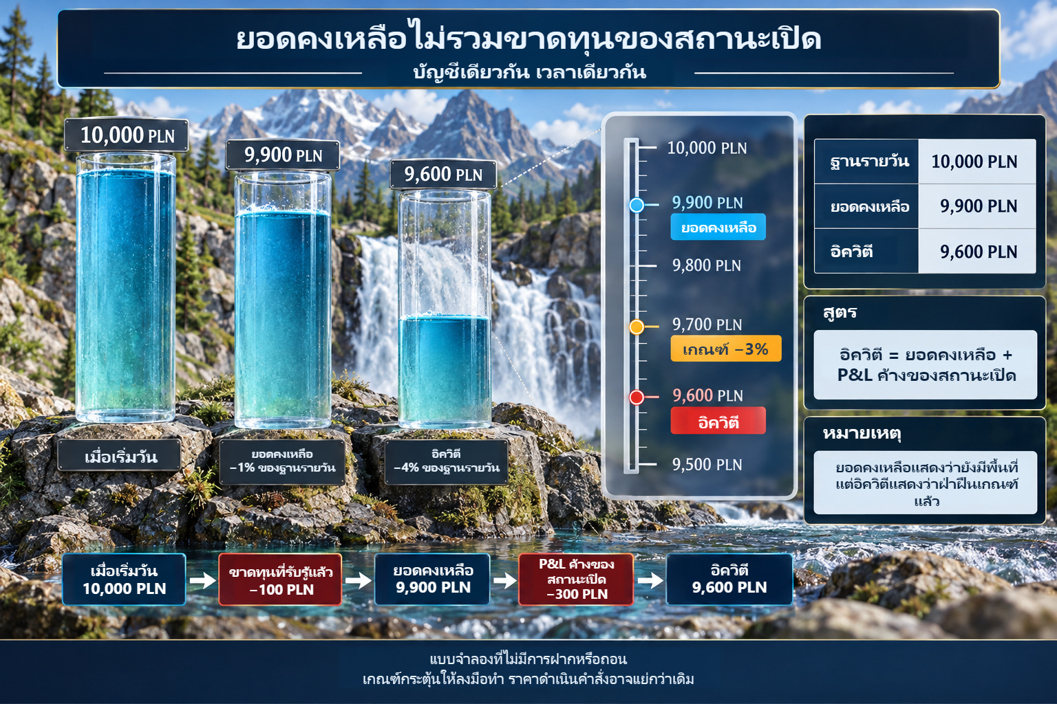 ยอดคงเหลือและอิควิตี ณ เวลาเดียวกัน: PLN 10,000 เมื่อเริ่มวัน PLN 9,900 หลังปิดขาดทุน PLN 100 และ PLN 9,600 เมื่อรวมขาดทุนค้างของสถานะเปิด PLN 300 เกณฑ์รายวัน PLN 9,700 อยู่ระหว่างยอดคงเหลือกับอิควิตี