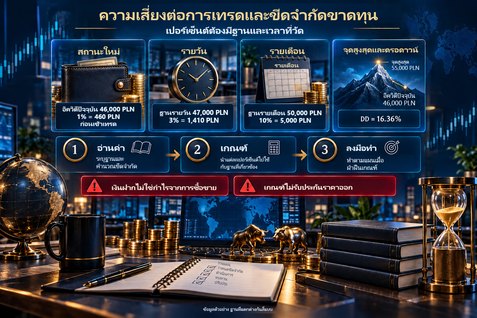 ฐานความเสี่ยงสี่แบบที่แยกกัน: สถานะใหม่เมื่อทุน PLN 46,000 ฐานรายวัน PLN 47,000 ฐานรายเดือน PLN 50,000 และจุดสูงสุด PLN 55,000 พร้อมจำนวน PLN 460, 1,410 และ 5,000 และ DD 16.36%