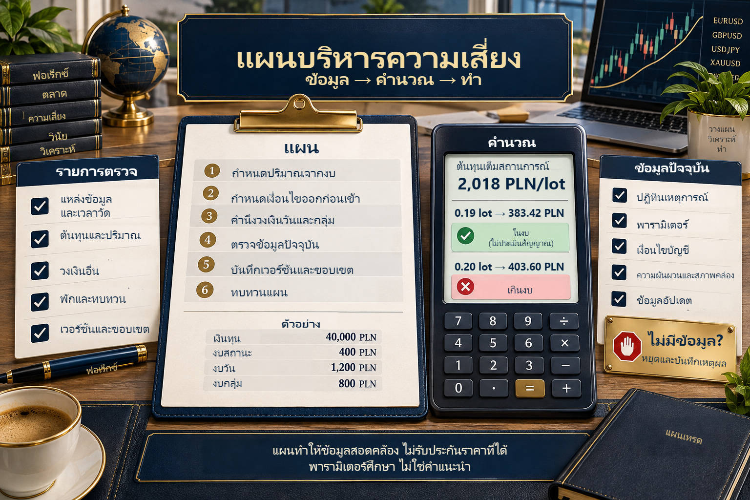แผนตัวอย่างฐาน40,000 PLN: งบสถานะ400 PLN วัน1,200 PLN กลุ่ม800 PLN;0.19 lotให้ขาดทุนเต็ม383.42 PLN