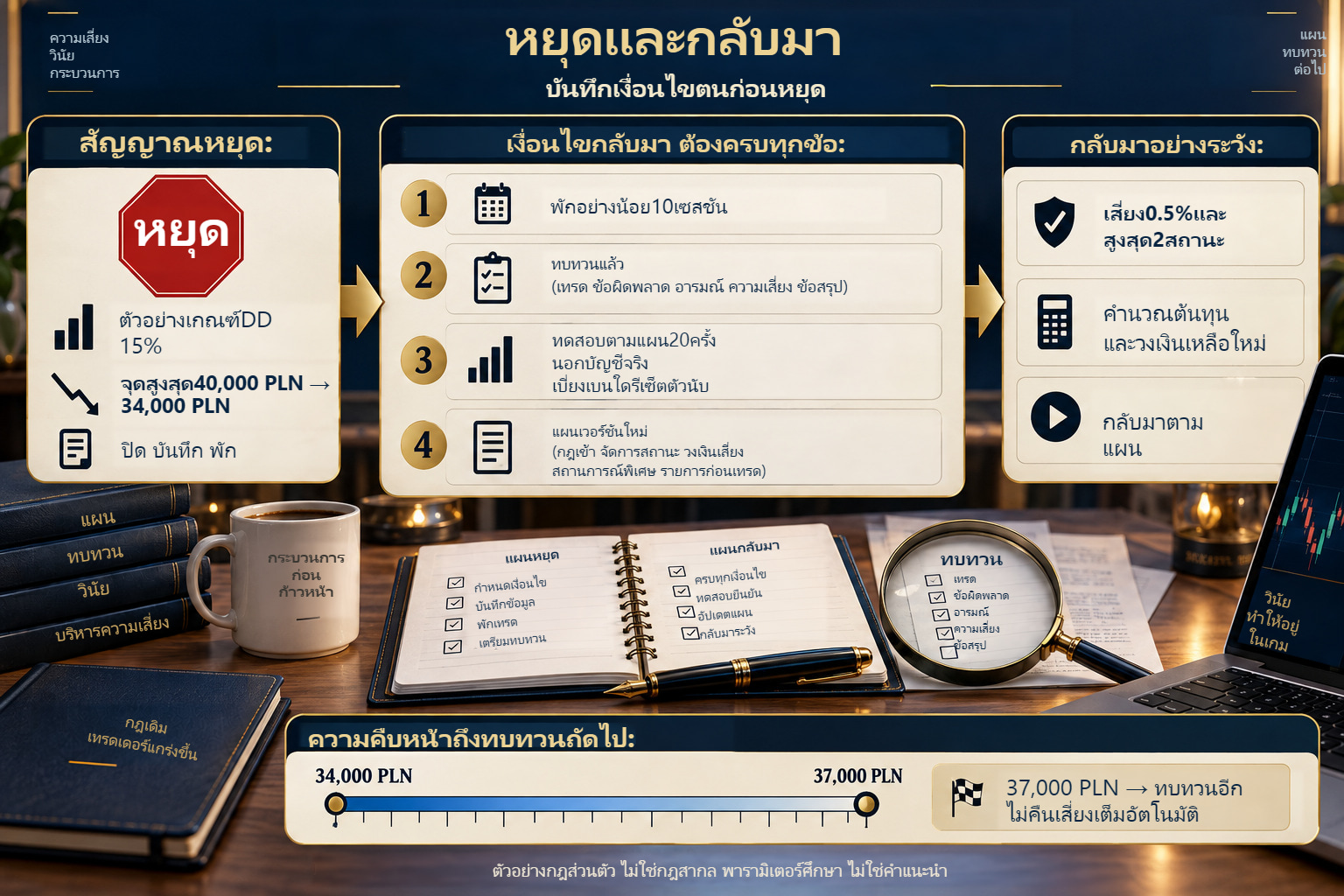ตัวอย่างขั้นตอน:พักอย่างน้อย10เซสชัน ทบทวน ทดสอบถูกกฎ20ครั้ง และเวอร์ชันใหม่ต้องครบ37,000 PLNกระตุ้นทบทวนอีก
