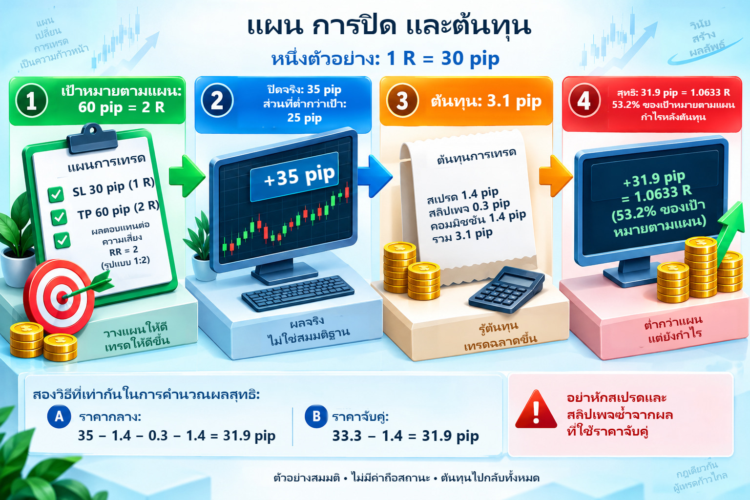 สี่ขั้นของสถานะเดียว: แผน 60 pip ปิดหลัง 35 ต้นทุน 3.1 และผลสุทธิ 31.9 pip หรือ 1.0633 R