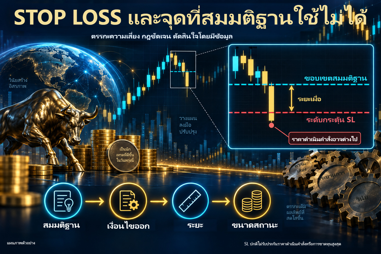 แผนภาพ stop loss แบบละเอียด แสดงขอบเขตสมมติฐาน ระยะเผื่อและระดับกระตุ้นที่ต่ำกว่า ตัวอย่างขยายของราคาดำเนินคำสั่งที่ต่างไป และลำดับจากสมมติฐานถึงขนาดสถานะ