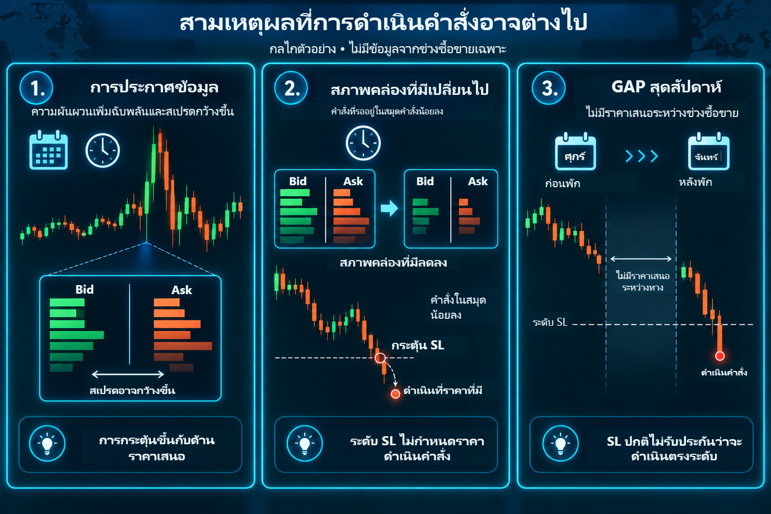 สามแผนภาพละเอียดของการดำเนินคำสั่งที่เสียเปรียบ: สเปรดกว้างขึ้นรอบการประกาศ สภาพคล่องที่มีเปลี่ยนไป และ gap ระหว่างราคาเสนอล่าสุดก่อนพักกับราคาแรกหลังพัก