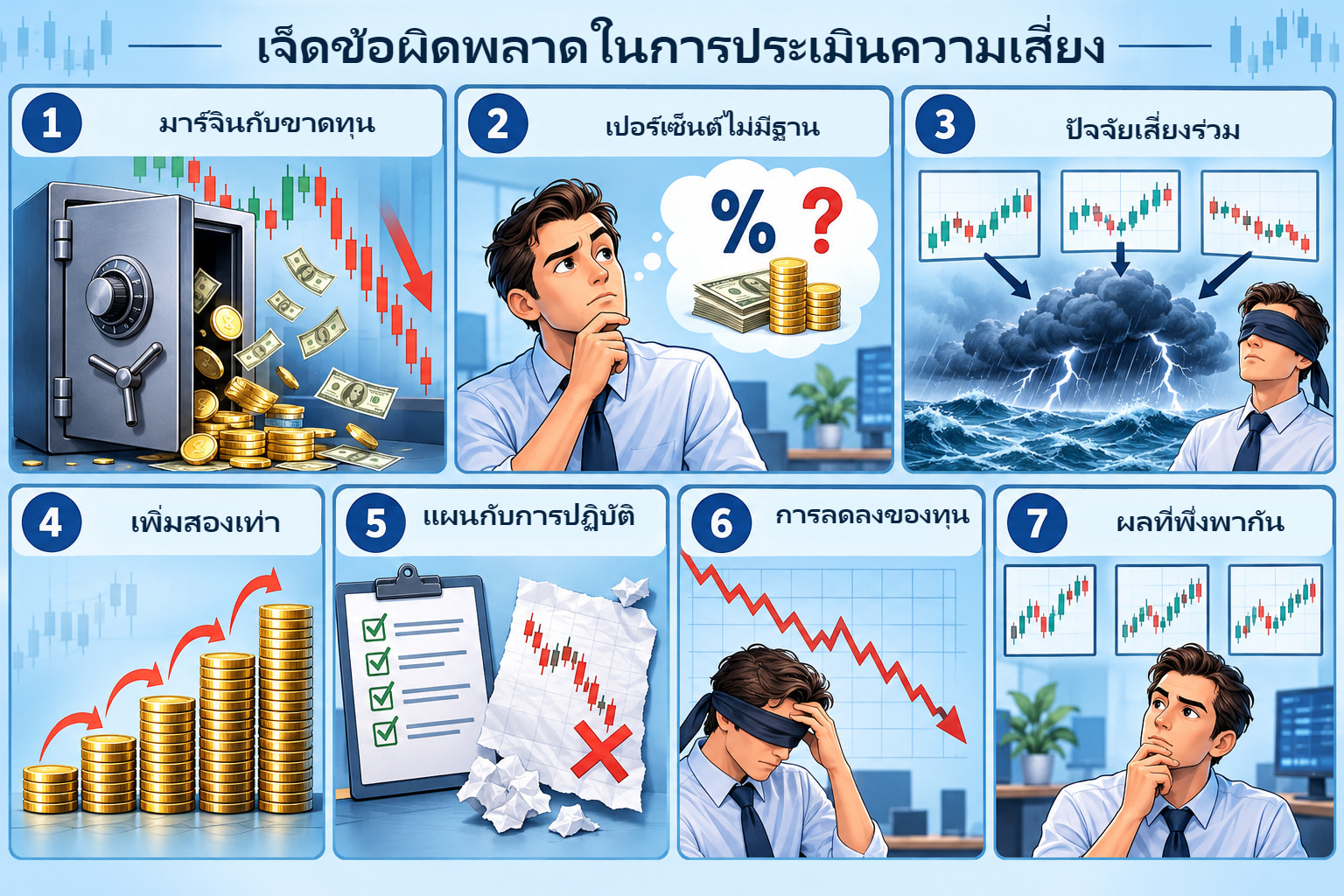 ภาพเจ็ดความสับสน: มาร์จินกับขาดทุน เปอร์เซ็นต์ไม่มีฐาน ปัจจัยร่วม เพิ่มสองเท่า แผนกับการทำ การลดลง และผลพึ่งพา