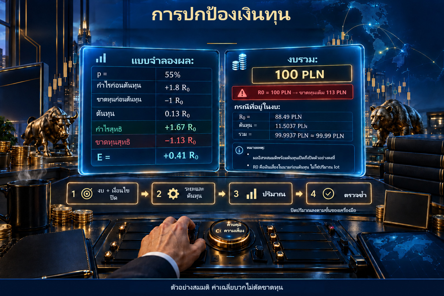 ภาพสองแผง: แบบจำลอง p=55%, ผลสุทธิ +1.67/−1.13 R₀ และ E=+0.41 R₀; กับงบ PLN 100 ที่ทำได้ด้วยหน่วยในนาม PLN 88.49 และต้นทุน PLN 11.5037