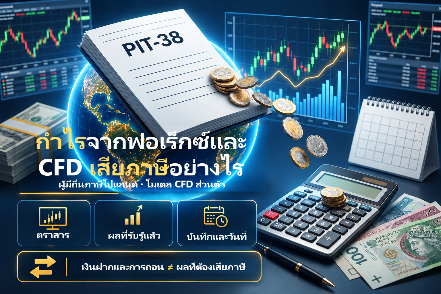 เอกสาร เครื่องคิดเลขและจอเทรดระบุตราสาร ผลรับรู้และวันสำหรับตัวอย่างCFDส่วนบุคคลโปแลนด์