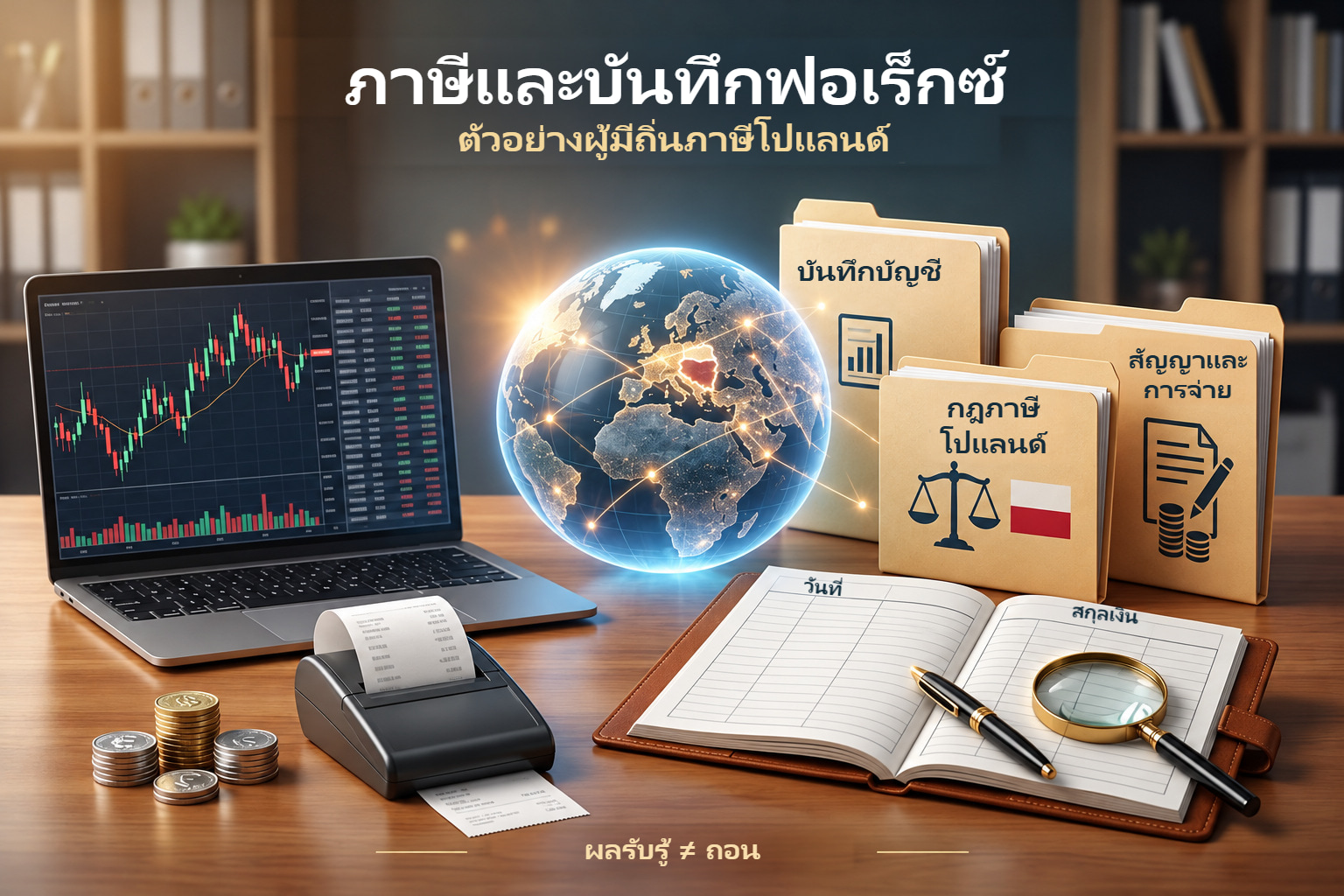 บันทึกบัญชี เอกสารภาษีโปแลนด์และสมุดรอบลูกโลกบนโต๊ะเทรด