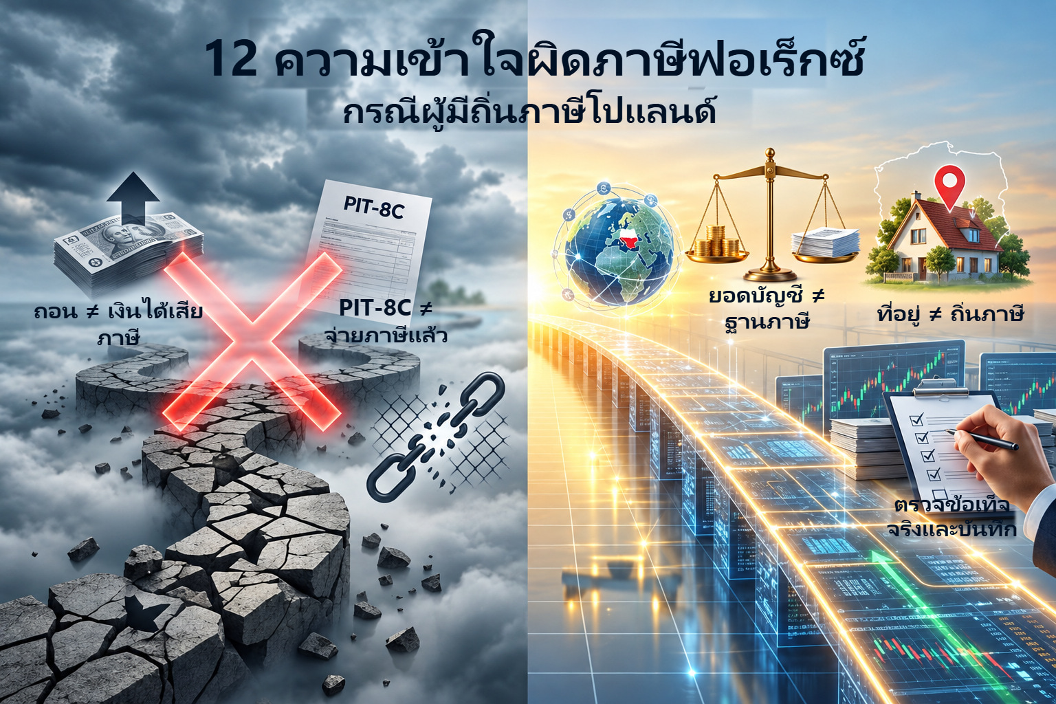 สี่ข้อแตกต่างของถอน ภาษีจ่าย ยอดบัญชีและถิ่นภาษี ในองค์ประกอบเทียบความเชื่อกับบันทึก