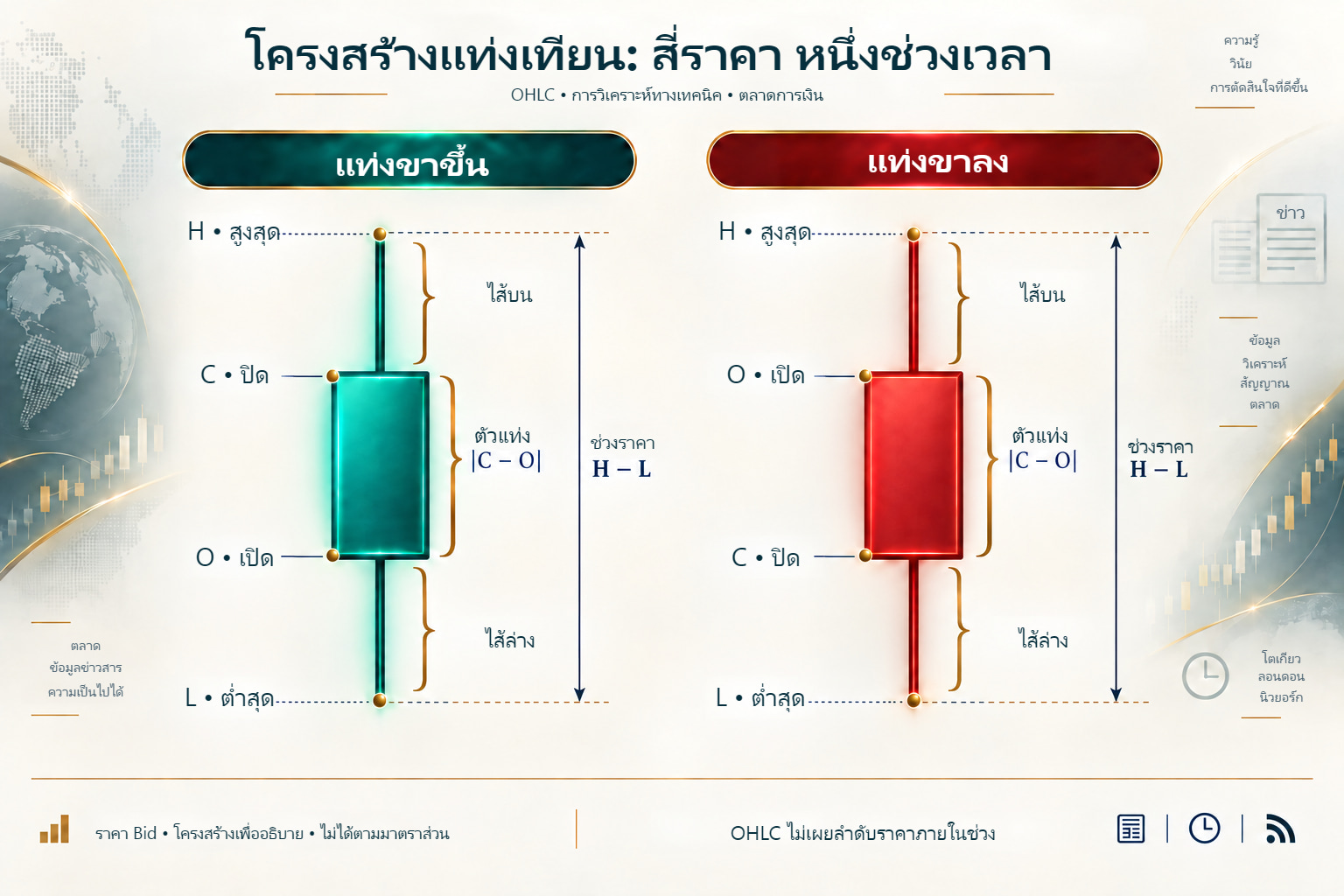 โครงสร้างแท่งขาขึ้นและขาลง: ราคาเปิด สูงสุด ต่ำสุด ปิด ตัวแท่ง และไส้