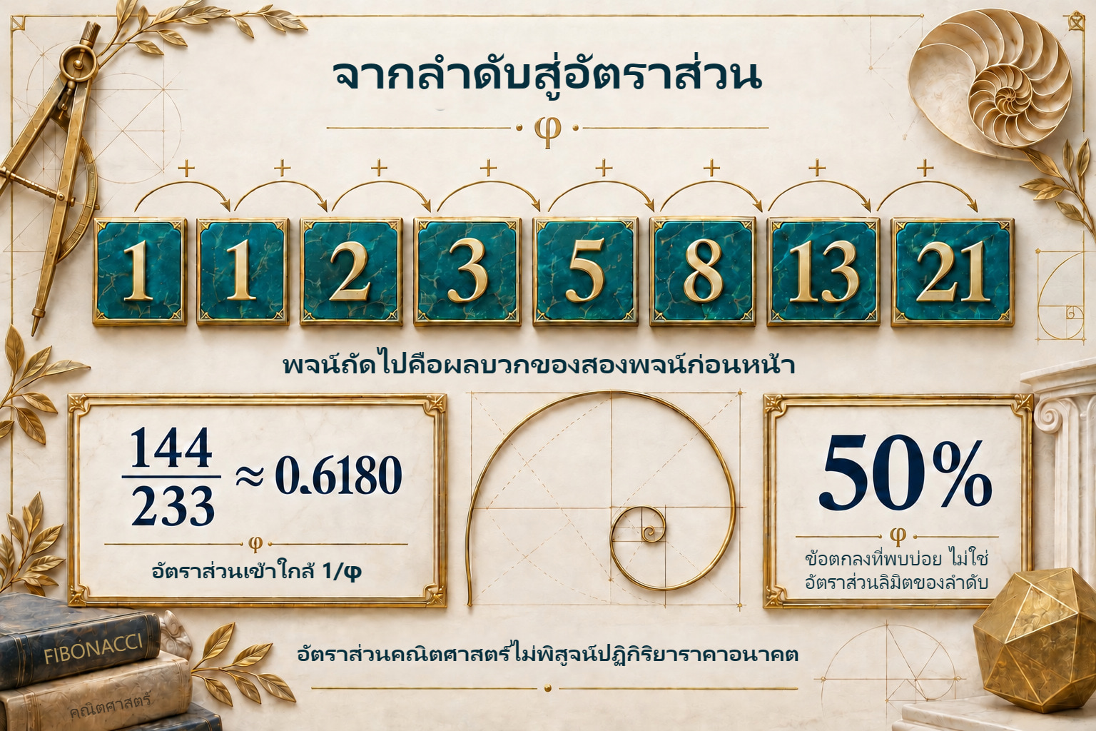ลำดับ Fibonacci อัตราส่วนลิมิต และข้อตกลง 50%
