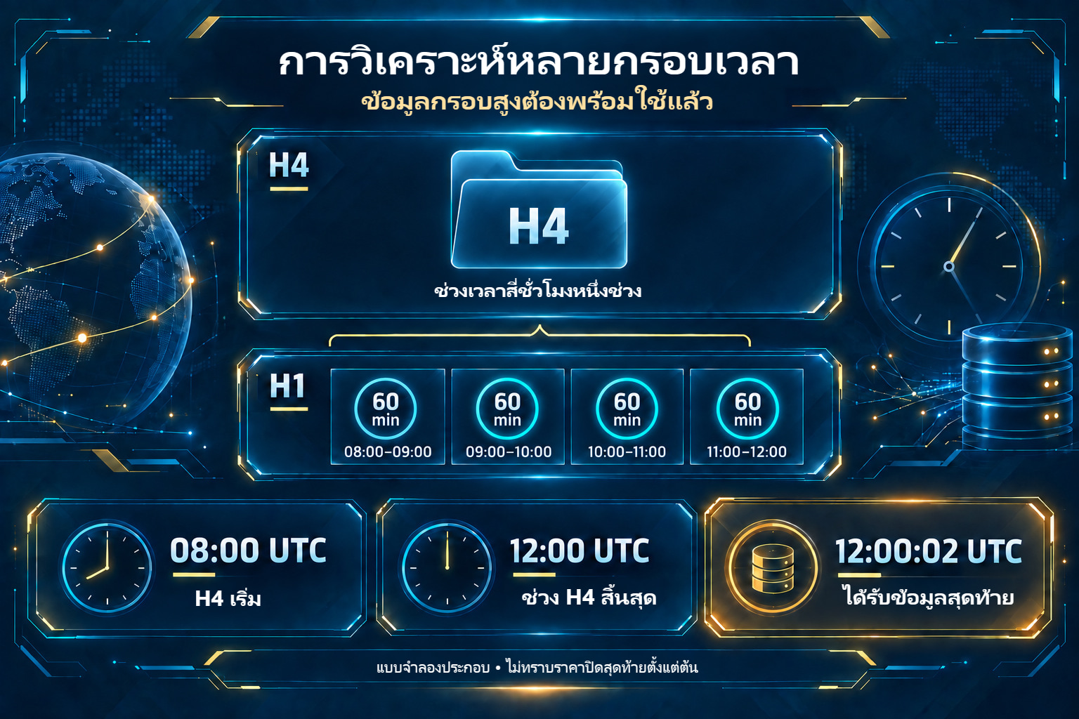 ช่วง H1 สี่ช่วงที่รวมเป็น H4 และเวลาที่ข้อมูลสุดท้ายพร้อมใช้