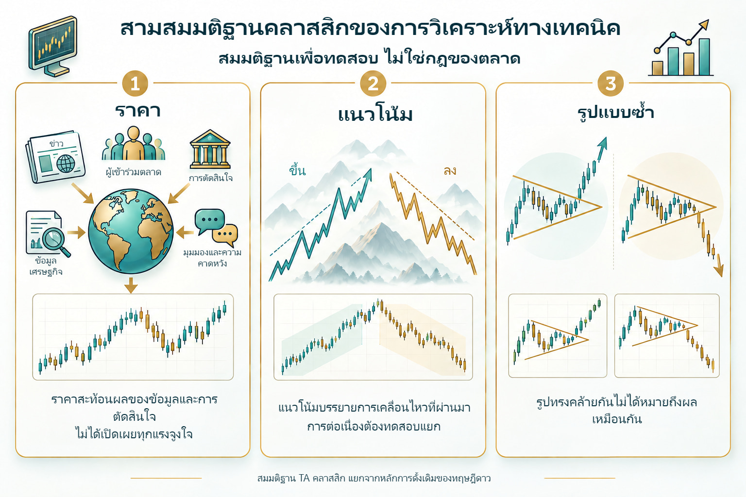 สามสมมติฐานของการวิเคราะห์ทางเทคนิคคลาสสิก: ราคา แนวโน้ม และรูปแบบซ้ำ