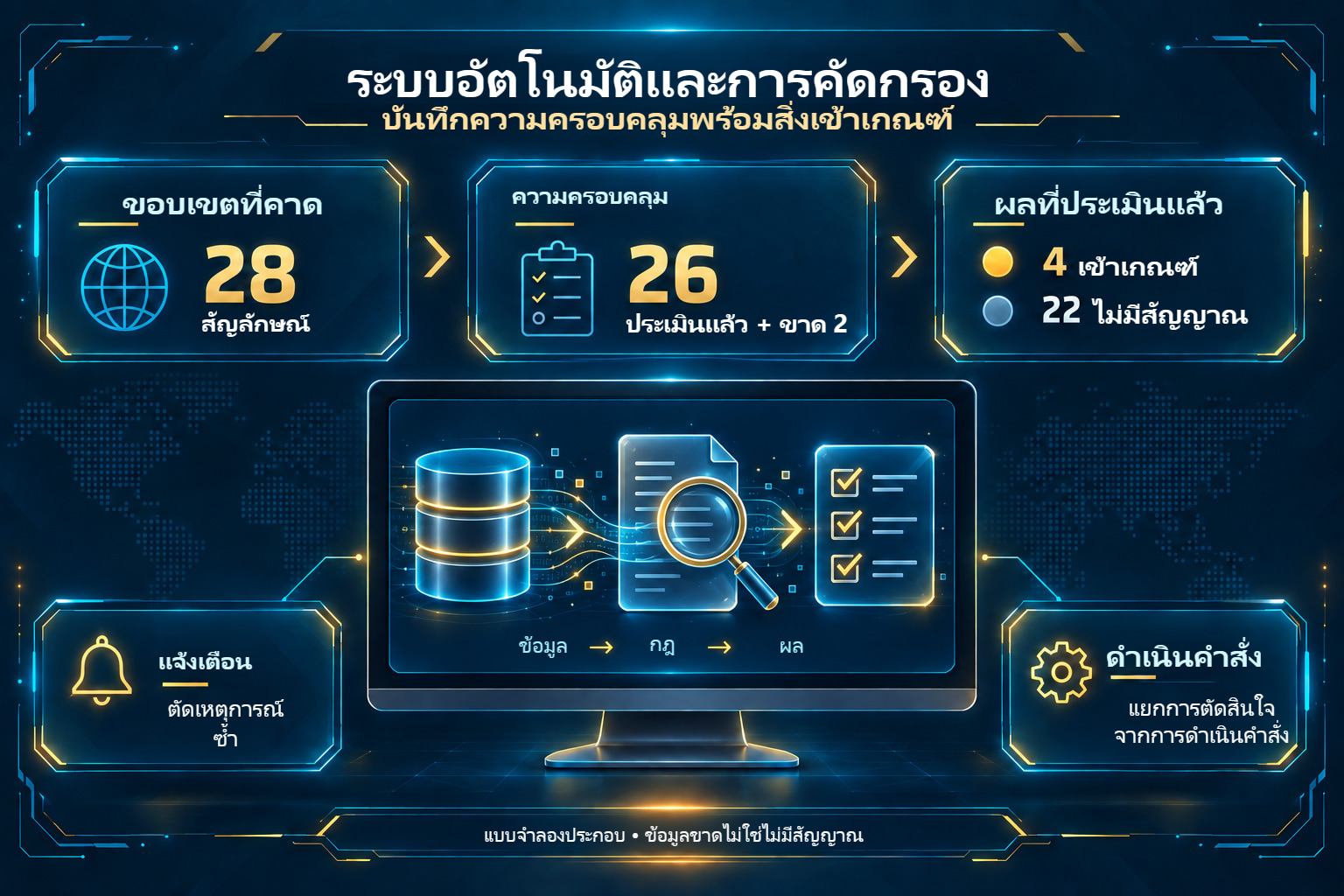 การคัดกรอง: 28 สัญลักษณ์ ประเมิน 26 ข้อมูลขาด 2 และเข้าเกณฑ์ 4