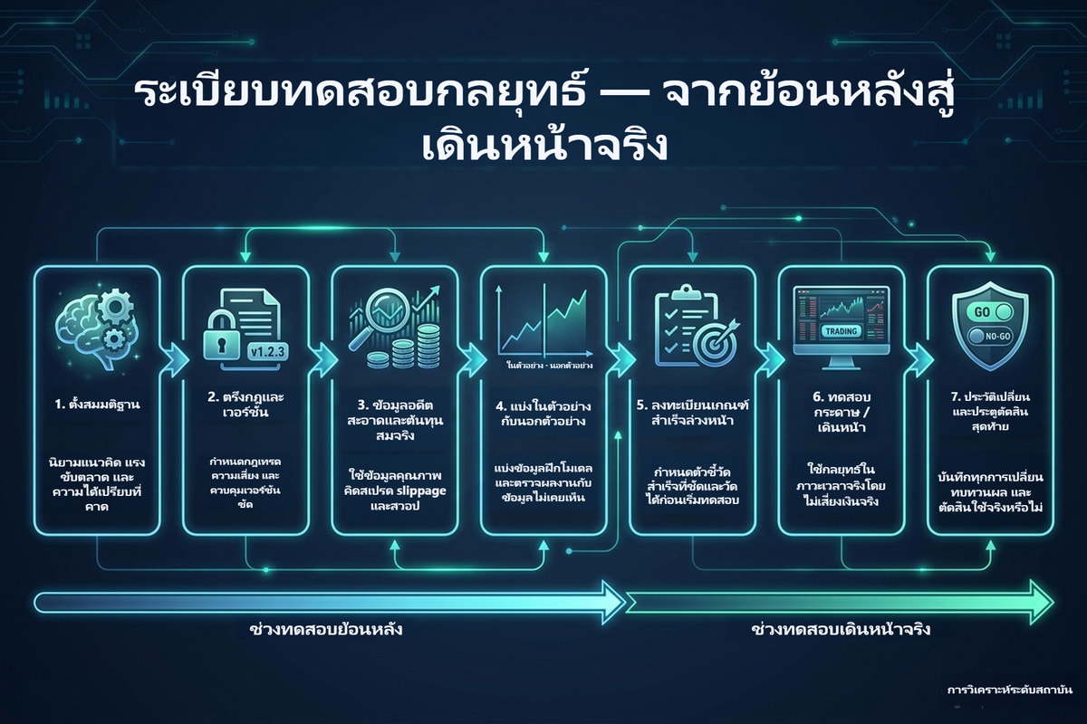 แบบบันทึกการทดสอบกลยุทธ์ — ขั้นตอนทดสอบย้อนหลังและทดสอบเดินหน้า