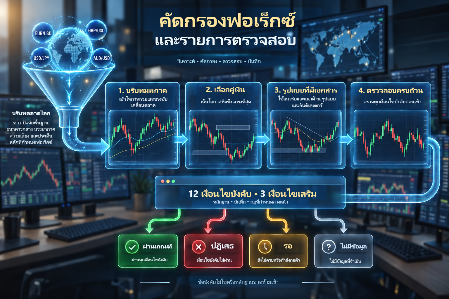 คัดเลือกจากบริบทมหภาคผ่านคู่เงินและรูปแบบสู่การตัดสินใจสี่แบบของรายการตรวจสอบ