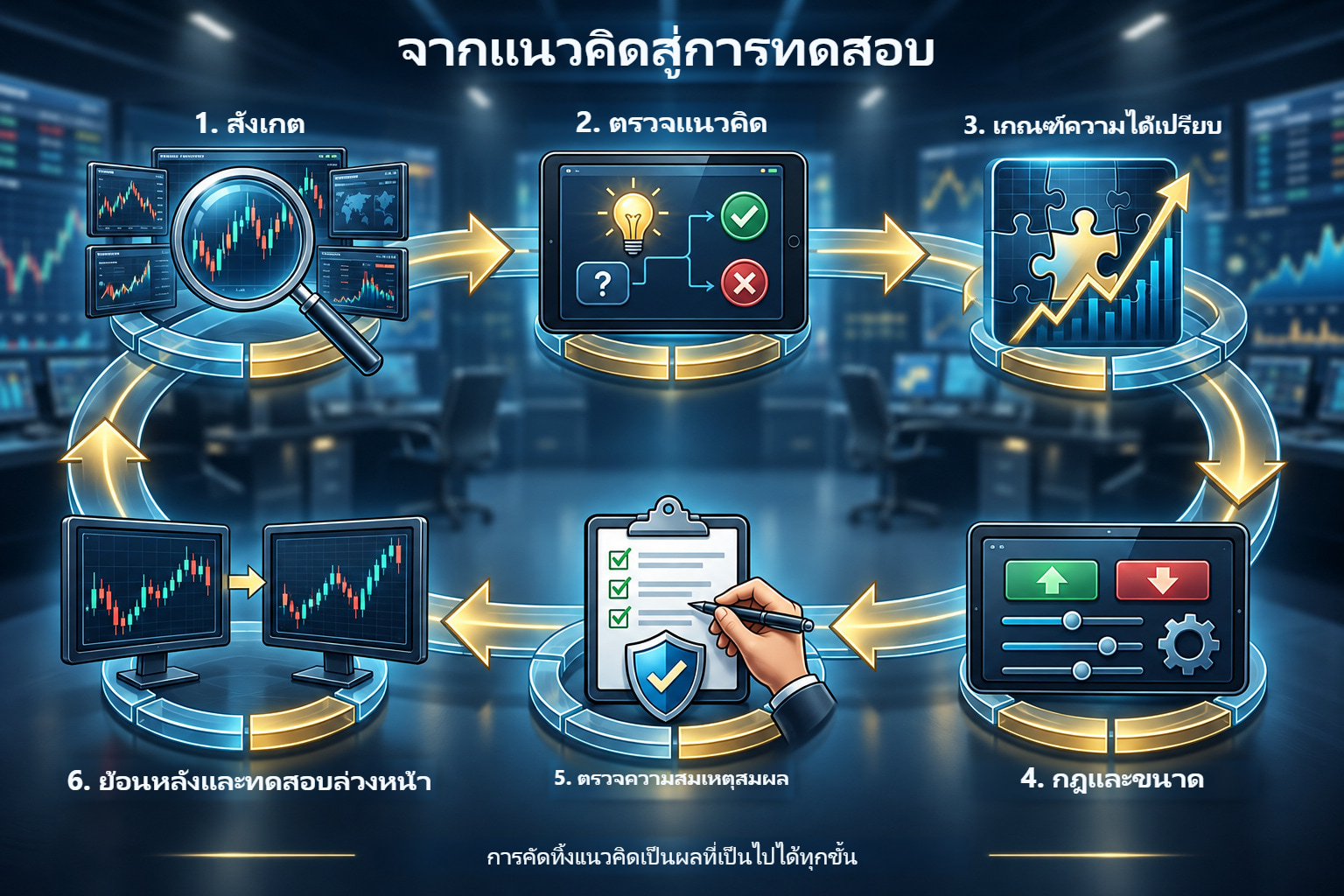 หกขั้นจากสังเกตผ่านตรวจแนวคิดและกฎถึงทดสอบ