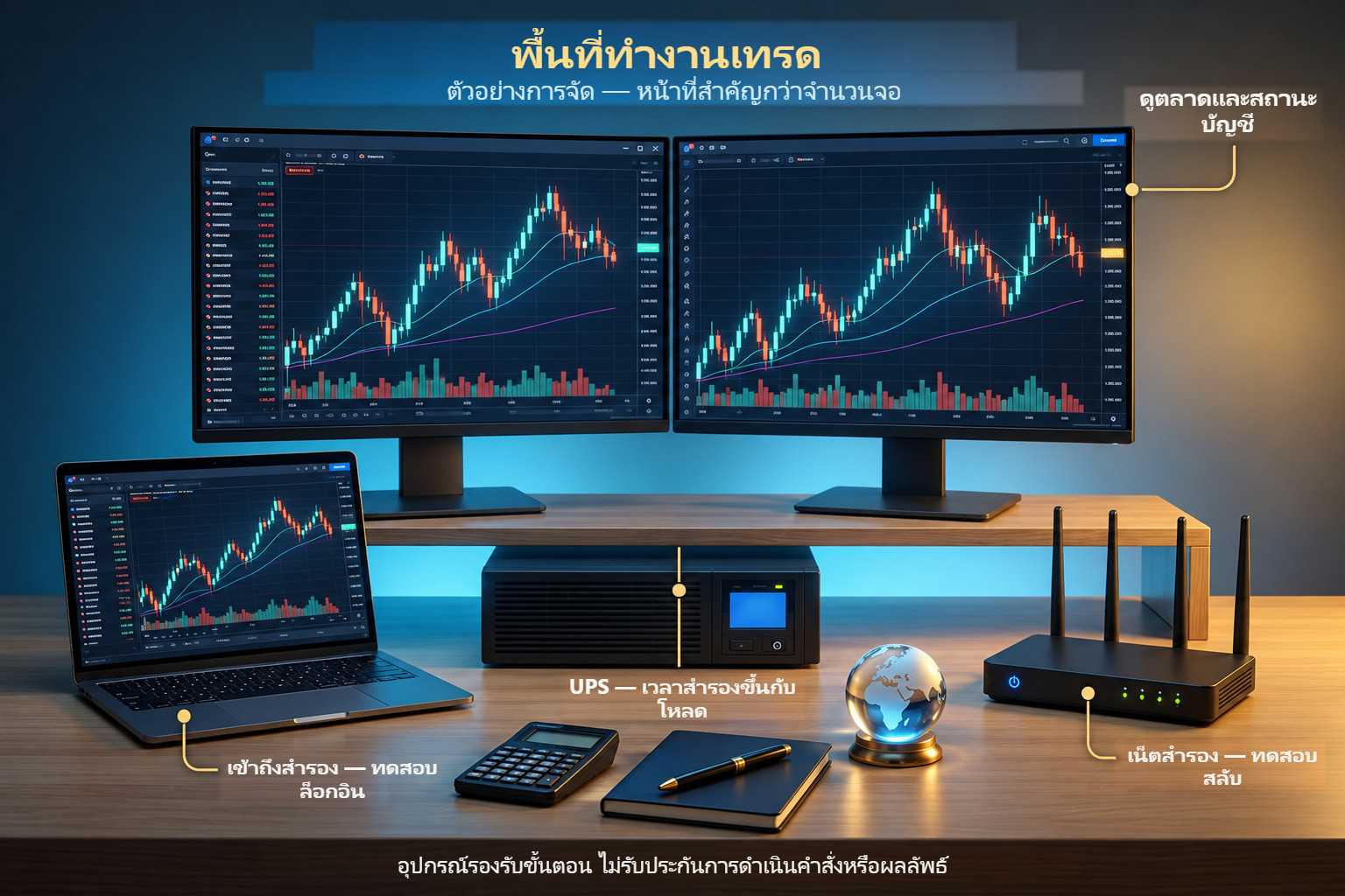 ตัวอย่างพื้นที่ทำงานพร้อมจอ แล็ปท็อปสำรอง UPS และเน็ตสำรอง ทุกชั้นต้องทดสอบ