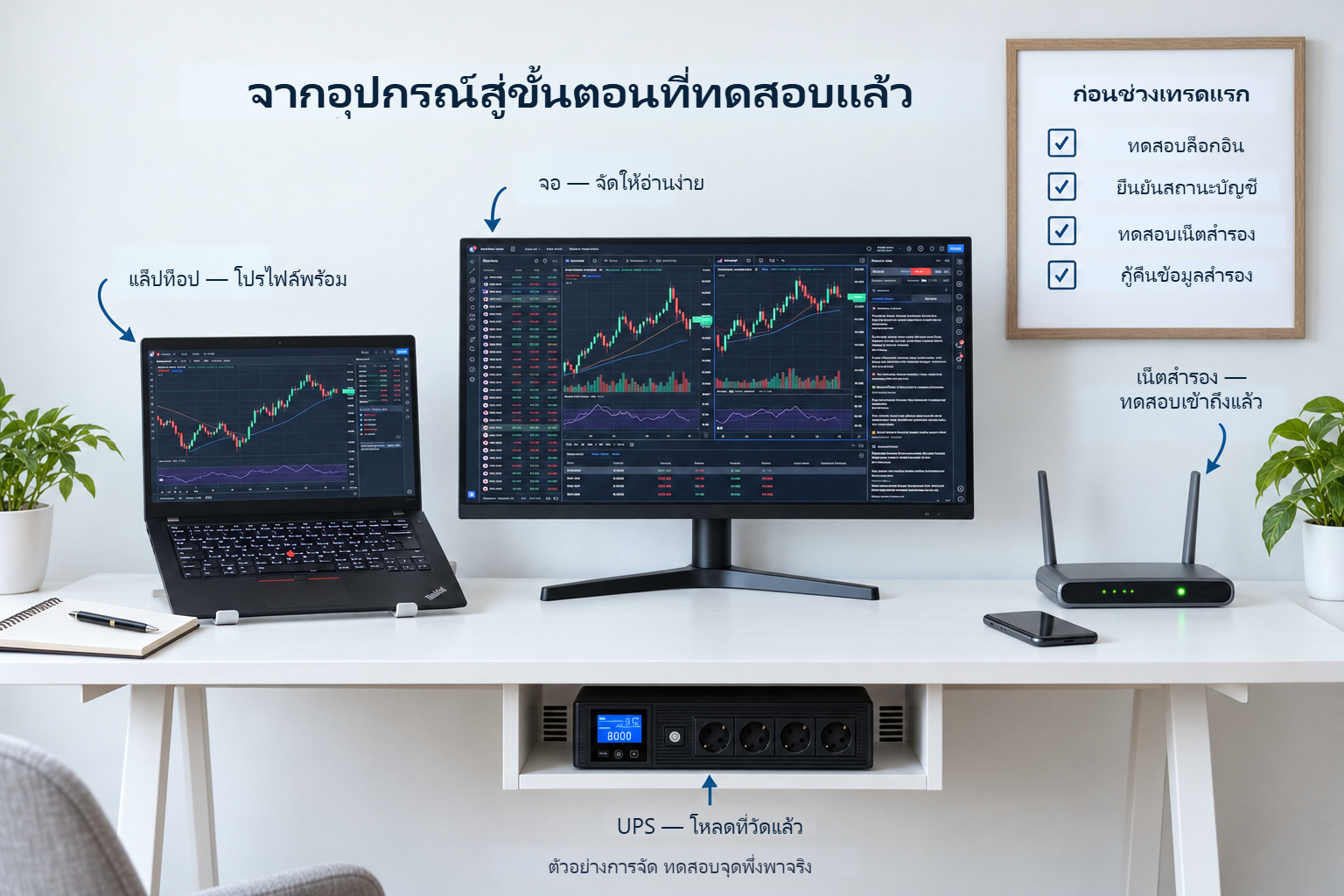 โต๊ะสว่างพร้อมแล็ปท็อป จอ เราเตอร์ และ UPS ข้างการตรวจสี่ข้อก่อนเทรด