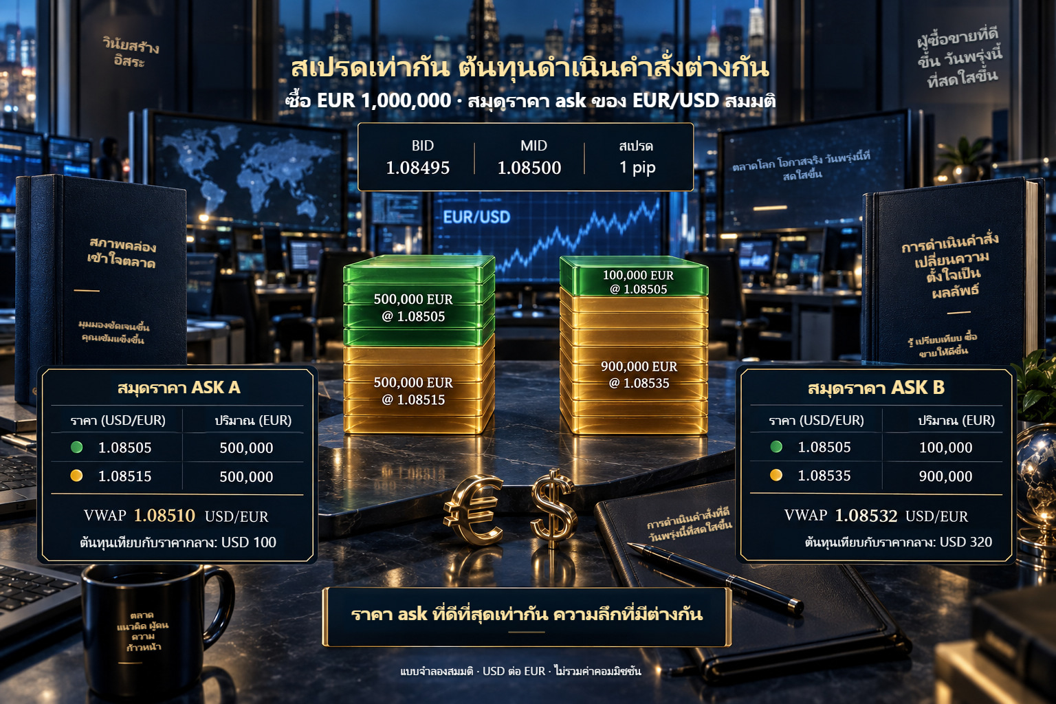 สมุดราคาเสนอ EUR/USD สองแบบจำลอง: สเปรดเหมือนกัน VWAP ต่างกันสำหรับหนึ่งล้าน EUR