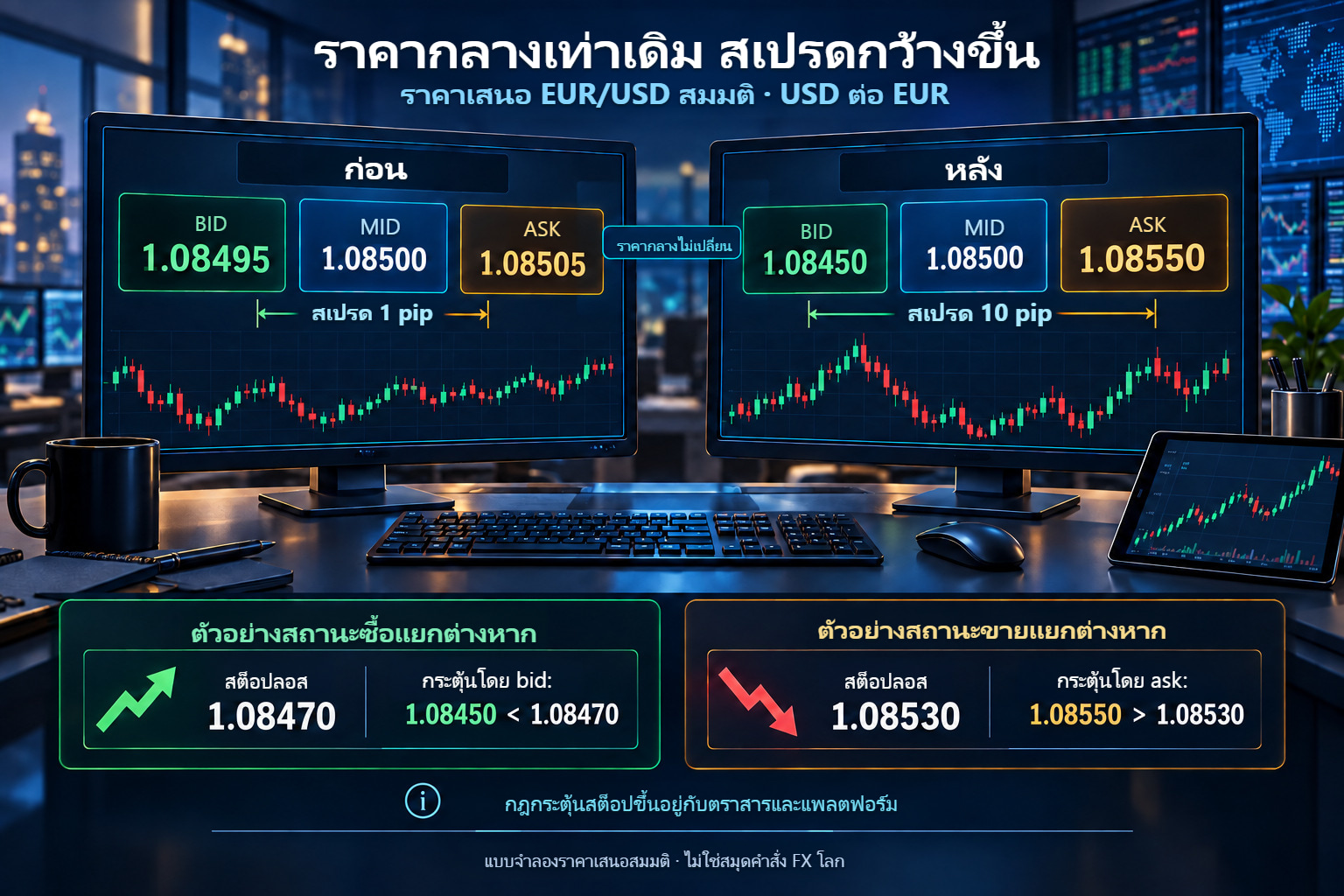 สเปรด EUR/USD กว้างขึ้น: สถานะ long ใช้ bid และ short ใช้ ask