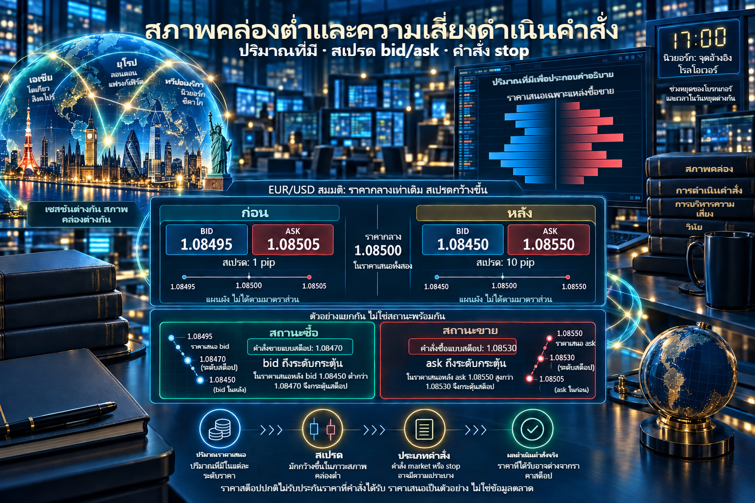 สภาพคล่องต่ำ: สเปรดกว้างขึ้นที่ราคากลางคงที่และสองคำสั่ง stop แยก