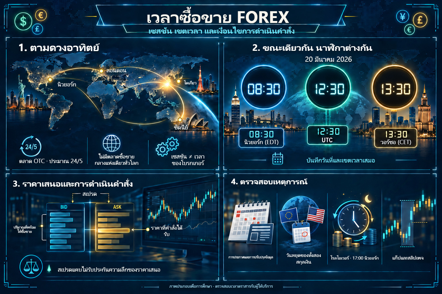 เวลาซื้อขาย Forex: ศูนย์กลางการเงิน นาฬิกา ราคาเสนอ และการดำเนินคำสั่ง