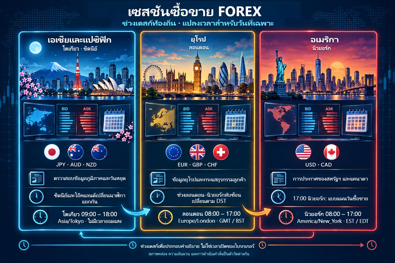 เซสชัน Forex: เอเชีย–แปซิฟิก ยุโรป และอเมริกา พร้อมแบบจำลองเวลาเดสก์ท้องถิ่น