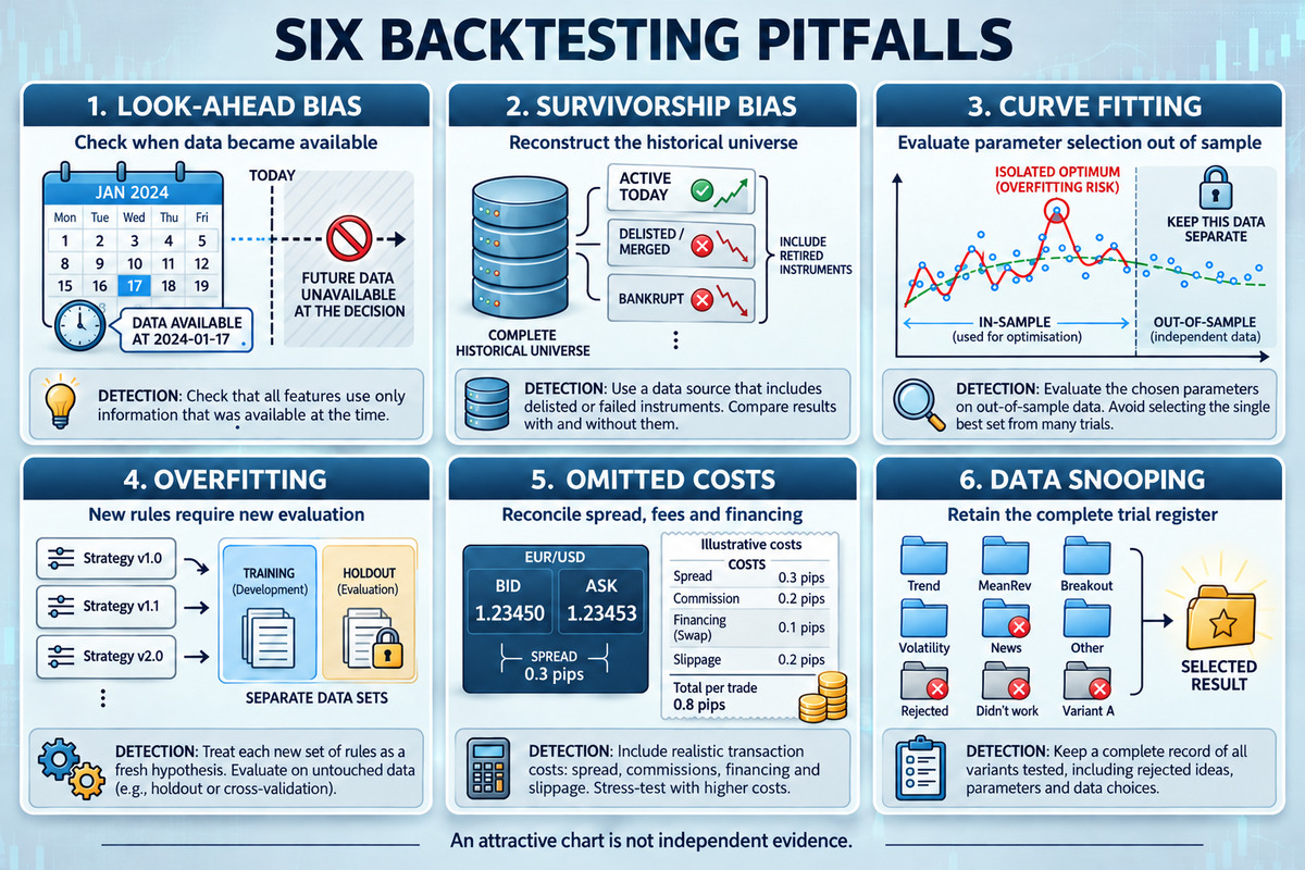 ข้อผิดพลาดหกประการใน backtesting กลยุทธ์ Forex – look-ahead bias, survivorship bias, curve fitting, overfitting, ต้นทุนที่สร้างแบบจำลองต่ำ และ data snooping พร้อมตัวอย่างการตรวจจับ