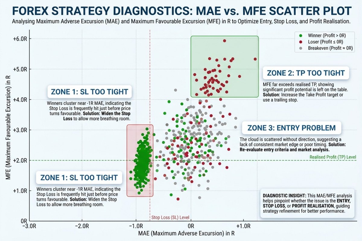 MAE MFE scatter plot การวินิจฉัยกลยุทธ์ Forex – แกน X คือ MAE ใน R, แกน Y คือ MFE ใน R, สีจุดคือ winner/loser/breakeven
