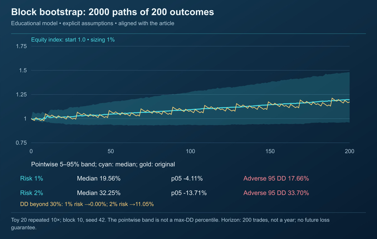 Monte Carlo block bootstrap ของกลยุทธ์ Forex – fan chart พร้อม equity curve ต้นฉบับและ 1000 ประวัติศาสตร์ทางเลือก แบนด์ 5 – 95 เปอร์เซ็นต์ไทล์แสดง variance ที่สมจริงของผลลัพธ์ประจำปี